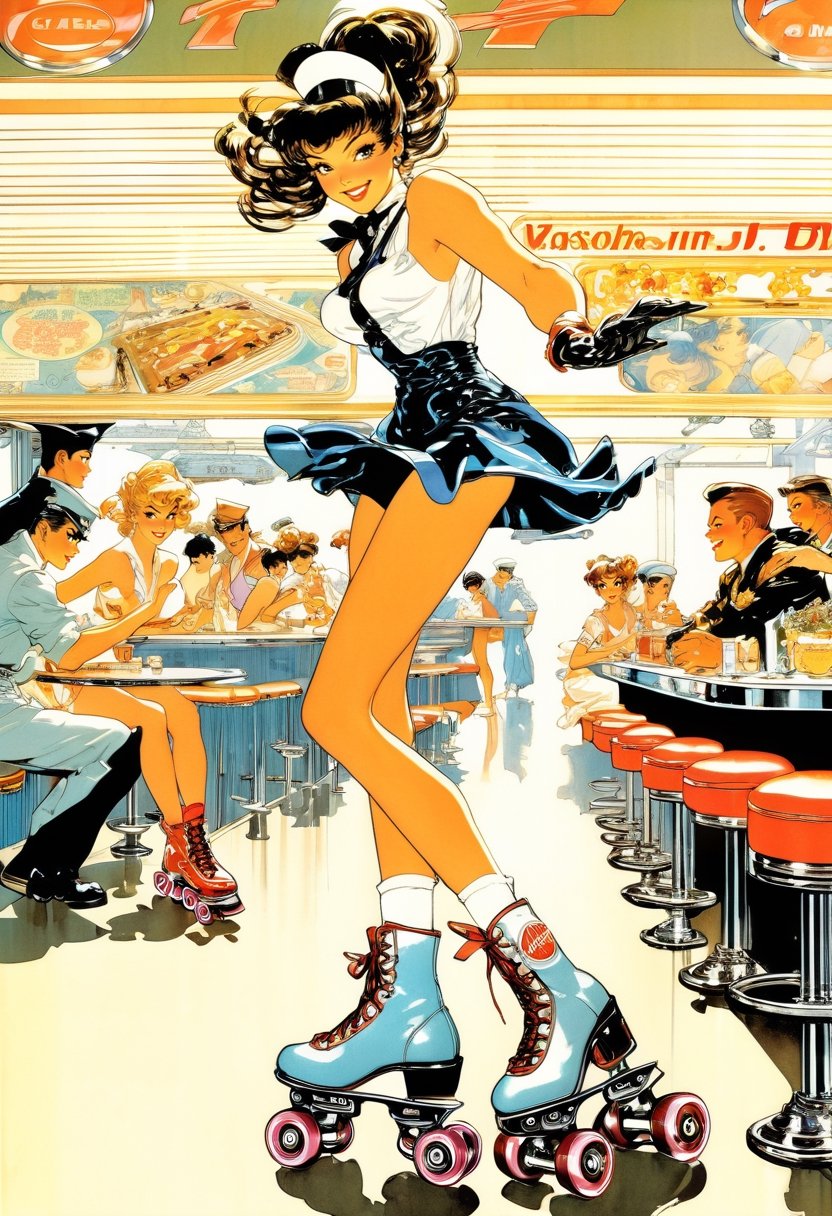Anime Artwork,  Waitress,  roller skate by NowhereManGo on Tensor.Art
