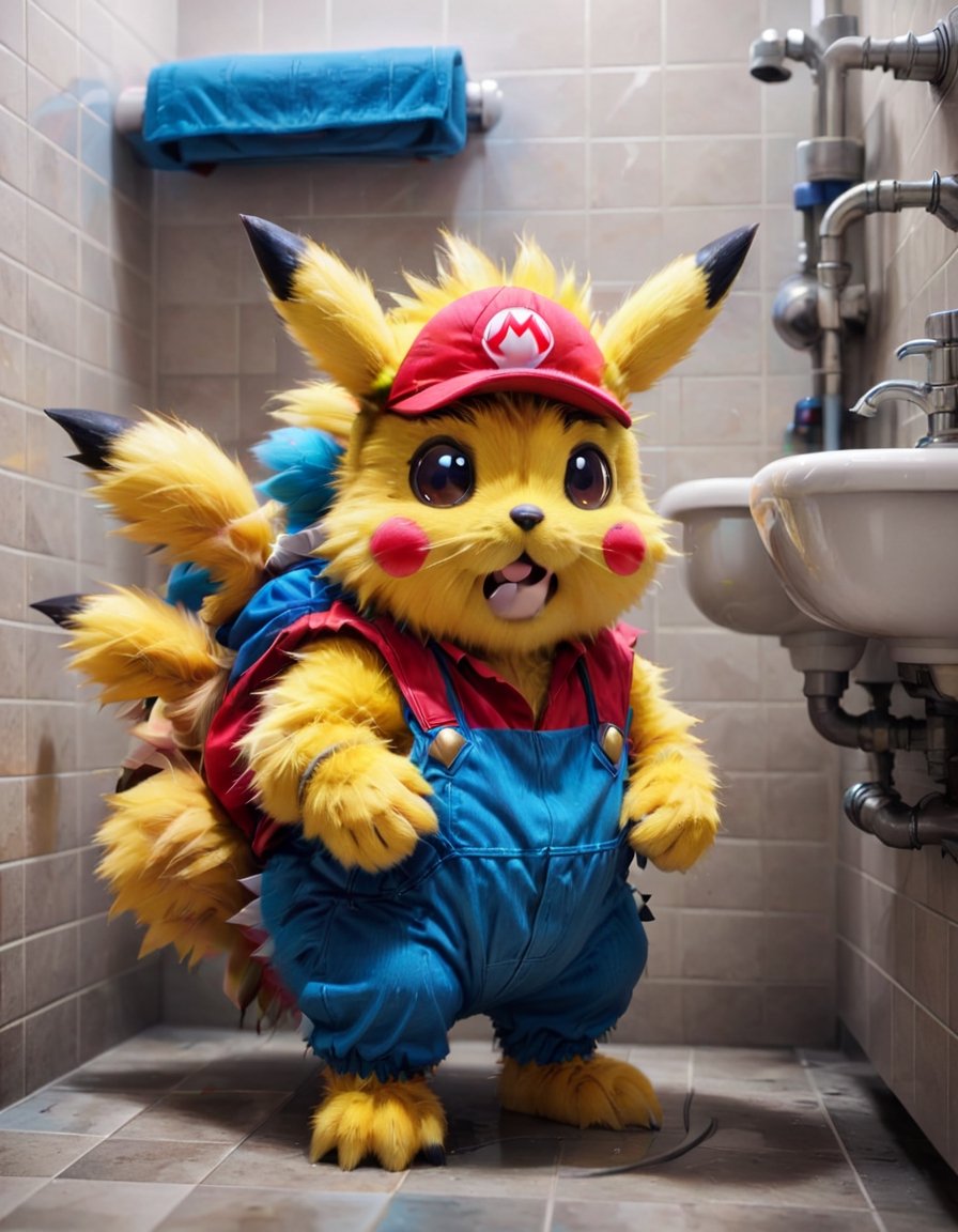 Furry Pikachu dressed as Super mario,  working as a plumber in the bathroom by NowhereManGo on Tensor.Art
