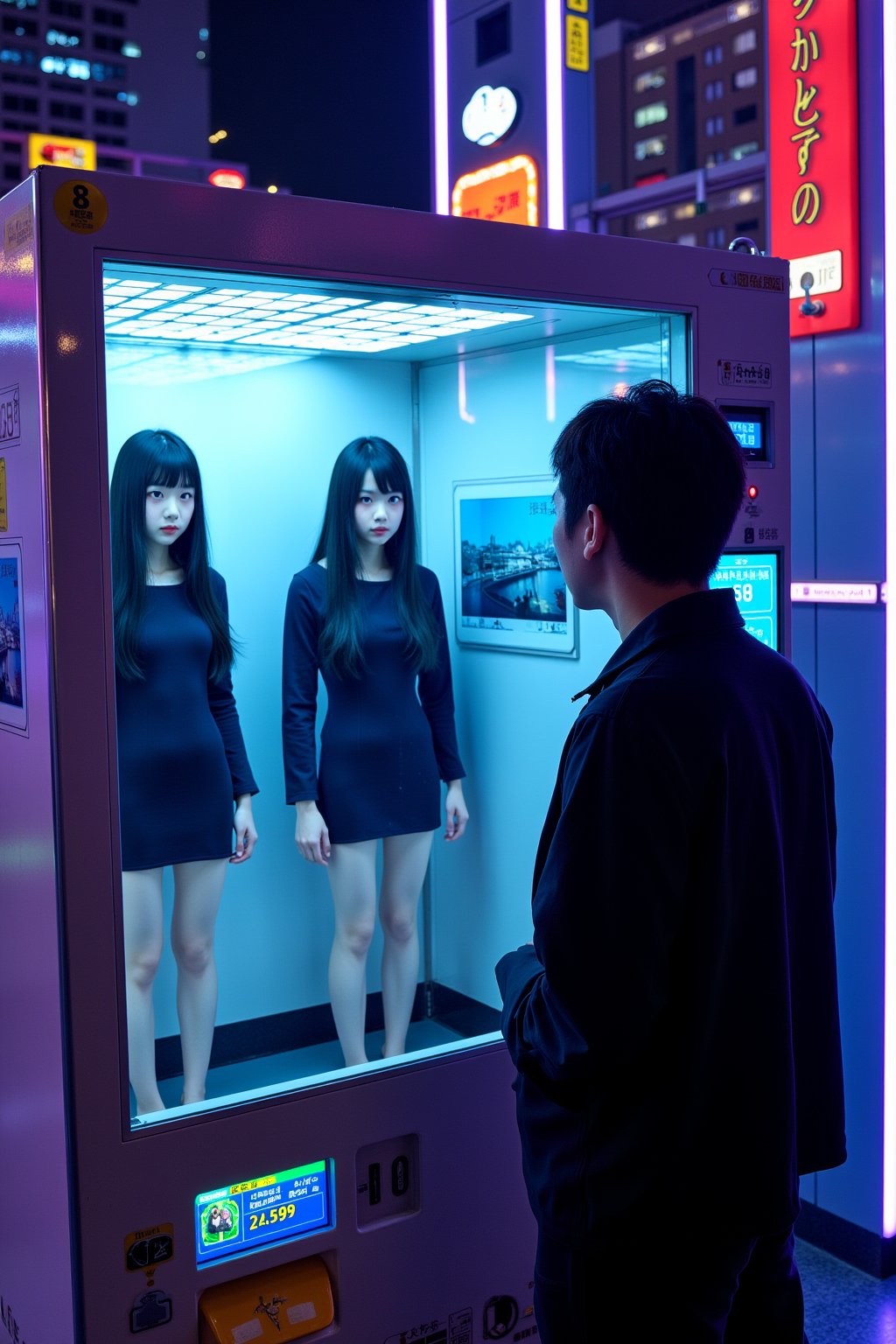 Photo of a man looking at a futuristic, high-tech vending machine in a neon-lit city, selling Japanese women as companions. All these women have long black hair, wearing a black little dress standing inside one of the vending machine's display compartments, staring. The machine features glowing buttons, digital price tags, and a holographic interface. Bright neon lights reflect off the glass, creating a provocative, dystopian atmosphere. High contrast, cinematic lighting, cyberpunk aesthetics, close-up view, vibrant neon colors.
