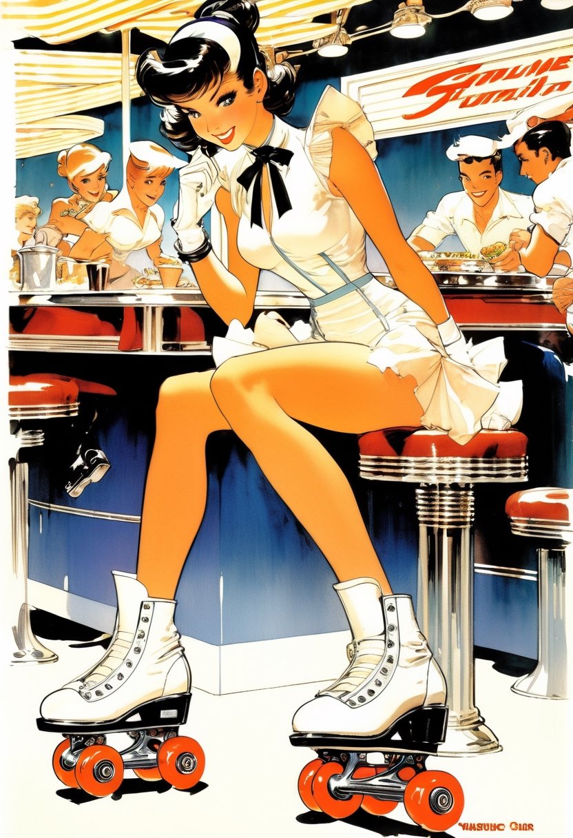 Anime Artwork,  Waitress,  roller skate by NowhereManGo on Tensor.Art