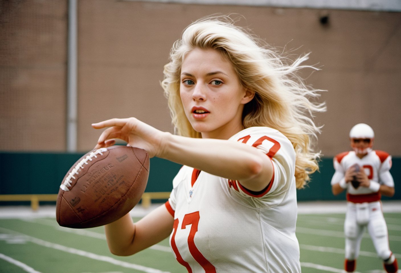 Photo, Closeup blonde female quarterback throwing a football, midrift. Canon 5d mark 4, Kodak ektar, style by J.C. Leyendecker