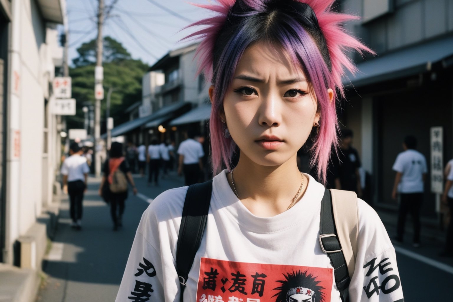 Polaroid of a 20yo Japanese woman dressed in punk clothing and is protesting war,  noon,  natural lighting. action shot by...