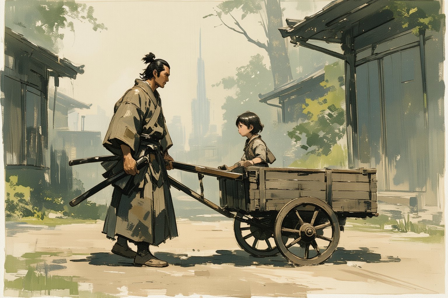 sketch painting. A stoic samurai dressed in traditional tattered kimono pushes a wooden cart through a serene yet dangerous landscape. Inside the cart sits a small child, quietly observing the world with wide eyes, drawing clear inspiration from "Lone Wolf and Cub." The samurai's hand grips the handle of the cart firmly, while his other hand rests on the hilt of his katana, ready for any threat. The background is a misty forest or ancient village, with hints of danger lurking in the shadows. The scene exudes a sense of duty, protection, and the quiet intensity of a warrior's journey.