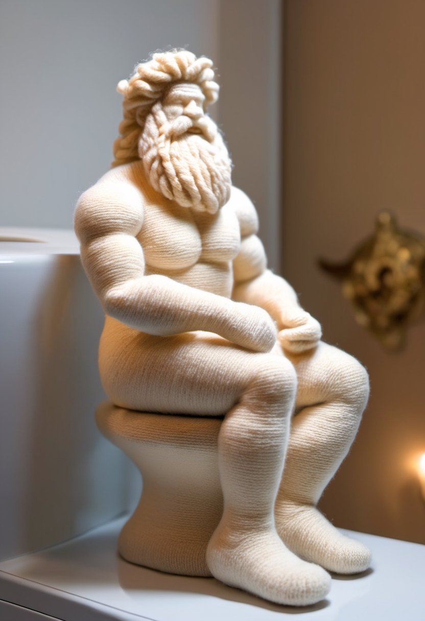 Sculpture of Zeus made of wool, squatting on a Toilet Seat,w00len