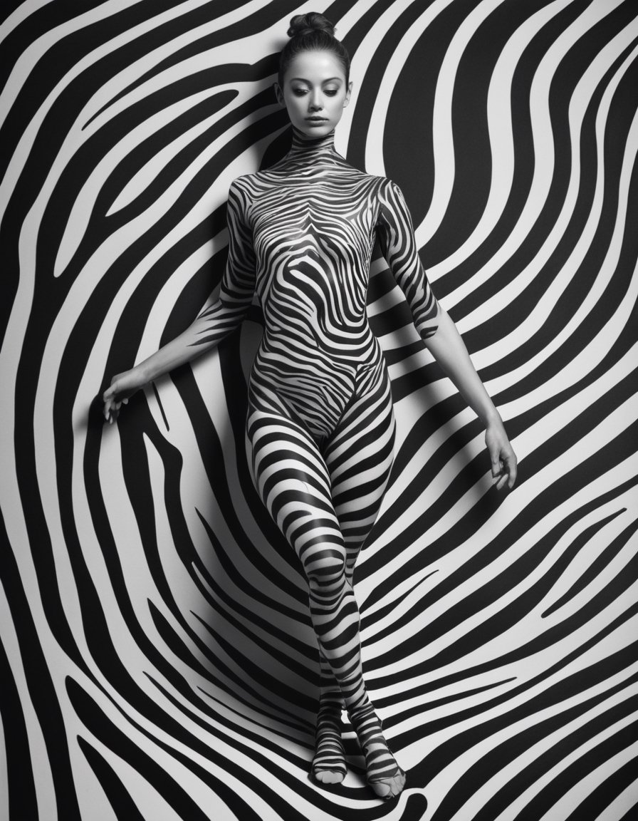 B & W photograph of a dancer embedded within a pattern of thick zebra lines by NowhereManGo on Tensor.Art