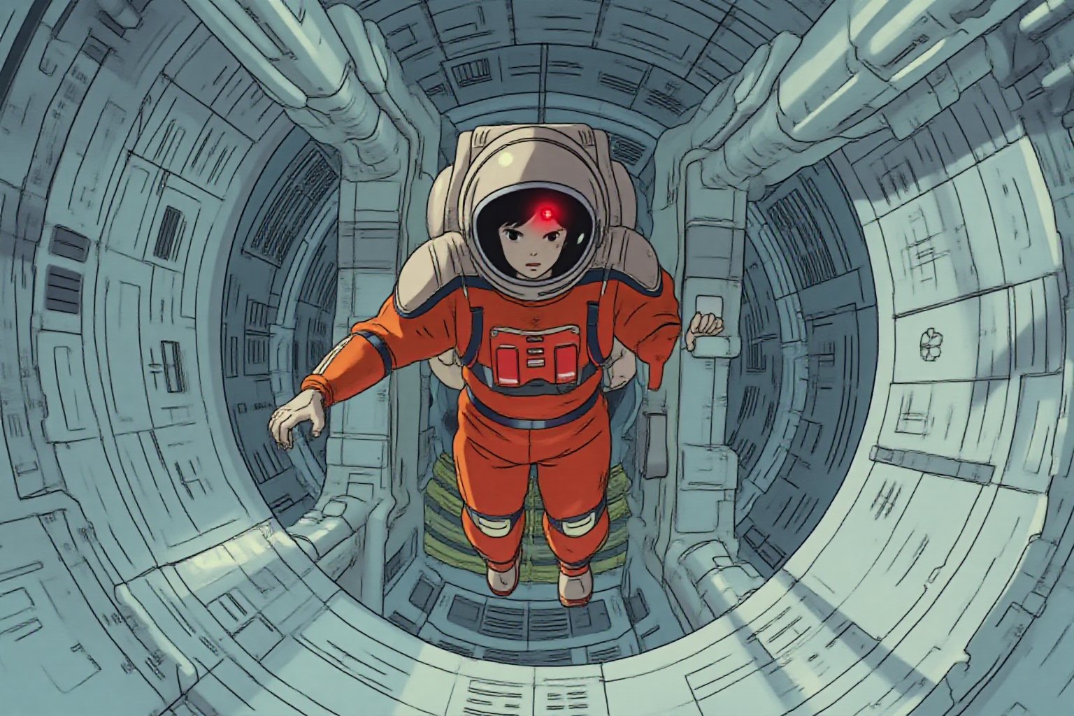 ghiblistyle. Anime artwork. Overhead shot of a female astronaut, dressed in a vibrant orange space uniform, is carefully re-enacting the iconic scene from 2001: A Space Odyssey where the astronaut deactivates HAL 9000. Floating weightless Inside a sleek, futuristic spacecraft, she methodically removes the components of the HAL 9000 interface, one piece at a time. The setting is tense and sterile, with bright lighting reflecting off the white sterile surfaces, capturing the eerie, unsettling atmosphere of the original scene. The astronaut’s expression is focused and determined, echoing the intensity of the moment as she disconnects each part of HAL’s circuitry. The red glow of HAL's eye slowly fades as the scene unfolds, highlighting the dramatic tension between human and machine.