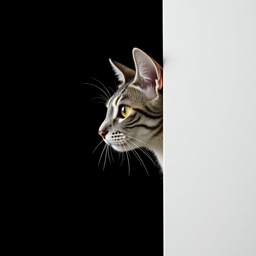 A sleek profile of a curious cat peeks out from behind a stark white wall, its delicate whiskers twitching in the air. The background is completely black, creating a strong contrast that highlights the subtle textures of the cat's fur and the sharpness of its gaze. Only half of the cat's face is visible, with one eye intensely focused forward, shining brightly against the darkness. The simplicity of the composition draws all attention to the cat's inquisitive expression, creating an atmosphere of quiet mystery and curiosity.