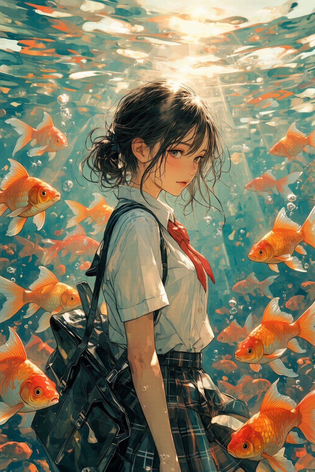 nijiwatercolor1q watercolor illustration. Young woman in a Japanese school uniform. She is shown from a side-back view,  g...