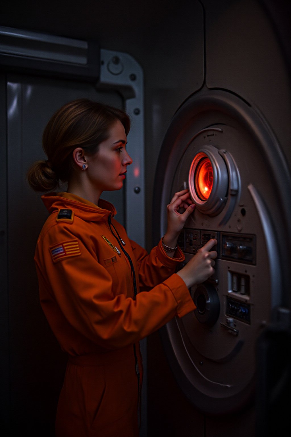 A female astronaut, dressed in a vibrant orange space uniform, is carefully re-enacting the iconic scene from 2001: A Space Odyssey where David Bowman deactivates HAL 9000. Inside a sleek, futuristic spacecraft, she methodically removes the components of the HAL 9000 interface, one piece at a time. The setting is tense and sterile, with dim lighting reflecting off the metallic surfaces, capturing the eerie, unsettling atmosphere of the original scene. The astronaut’s expression is focused and determined, echoing the intensity of the moment as she disconnects each part of HAL’s circuitry. The red glow of HAL's eye slowly fades as the scene unfolds, highlighting the dramatic tension between human and machine.