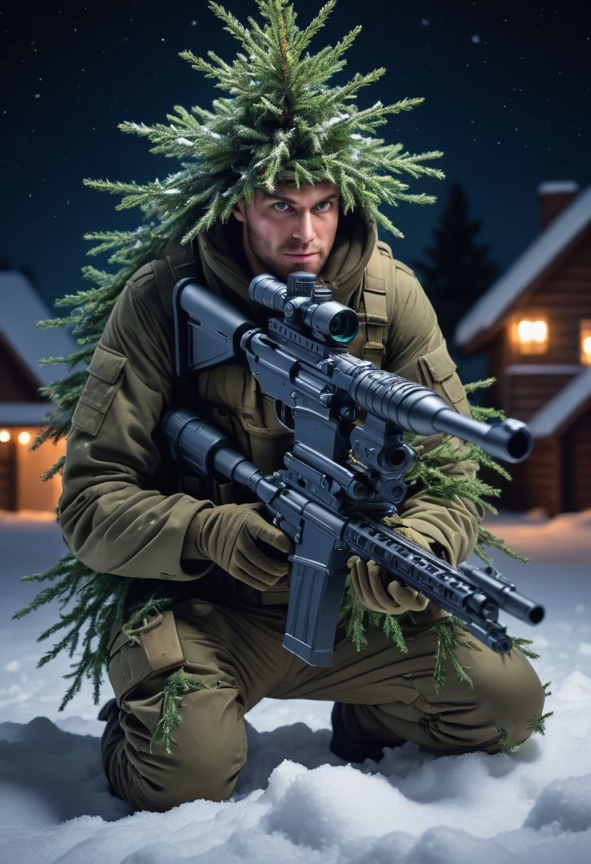 A male sniper made of Christmas tree with LED lights flashing,  hiding in the snow,  night scene by NowhereManGo on Tensor...