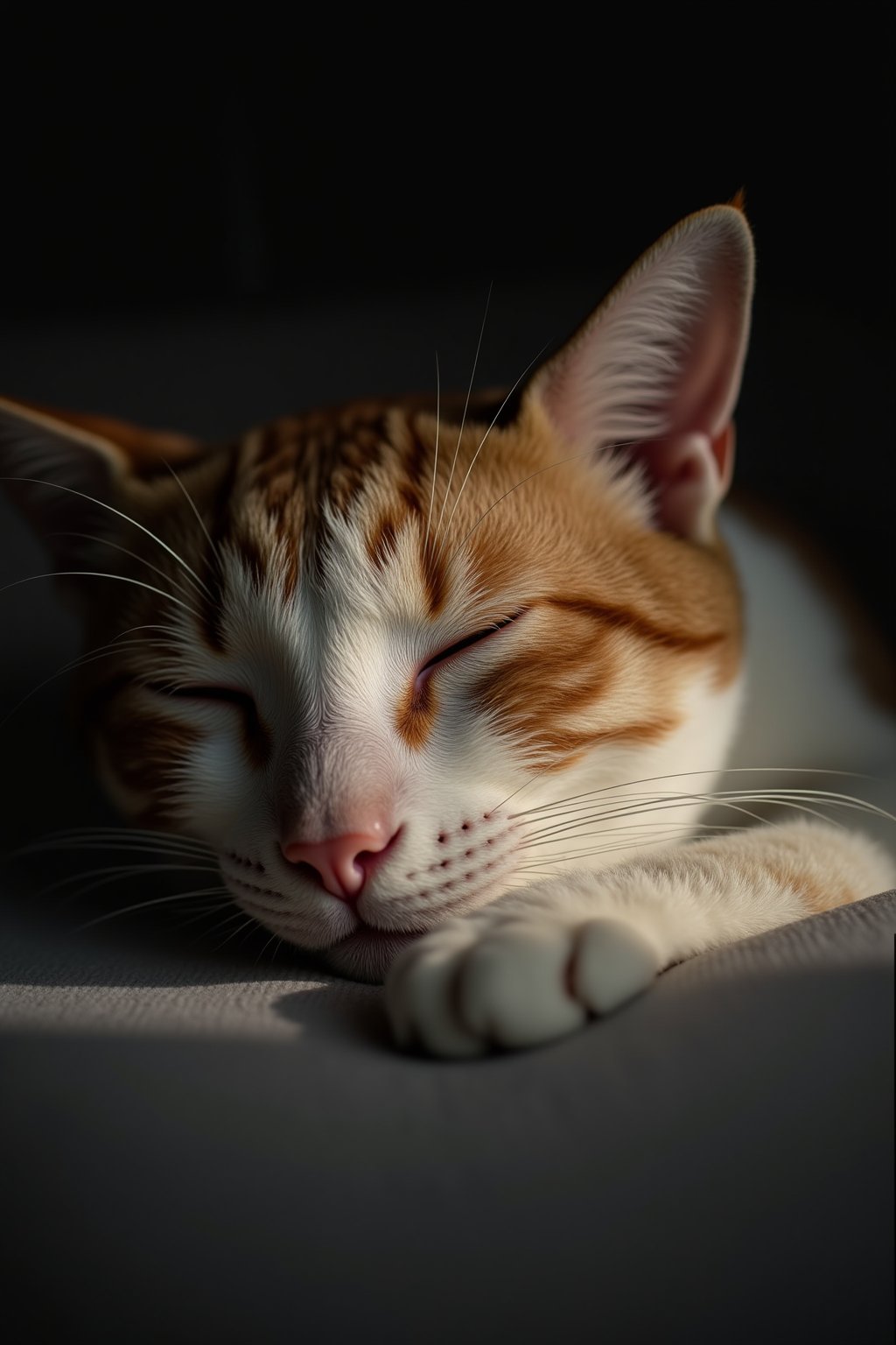 A close-up view of a peacefully sleeping cat, its soft fur gently rising and falling with each breath. Half of its face is bathed in soft light, highlighting the delicate whiskers and closed eye, while the other part of its head fades into the shadows, creating a serene contrast. The texture of its fur appears smooth and slightly tousled, with the subtle shadow play adding depth and tranquility to the scene. The overall atmosphere feels calm, intimate, and soothing, capturing the quiet moment of the cat's restful slumber.