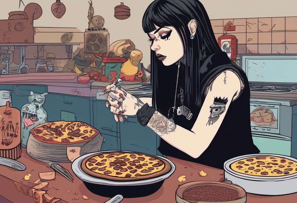 Profile of 1girl,  Goth girl with piercing and tattoo,  cooking beans over pizzaRoman soldiers beating raccoons by Nowhere...