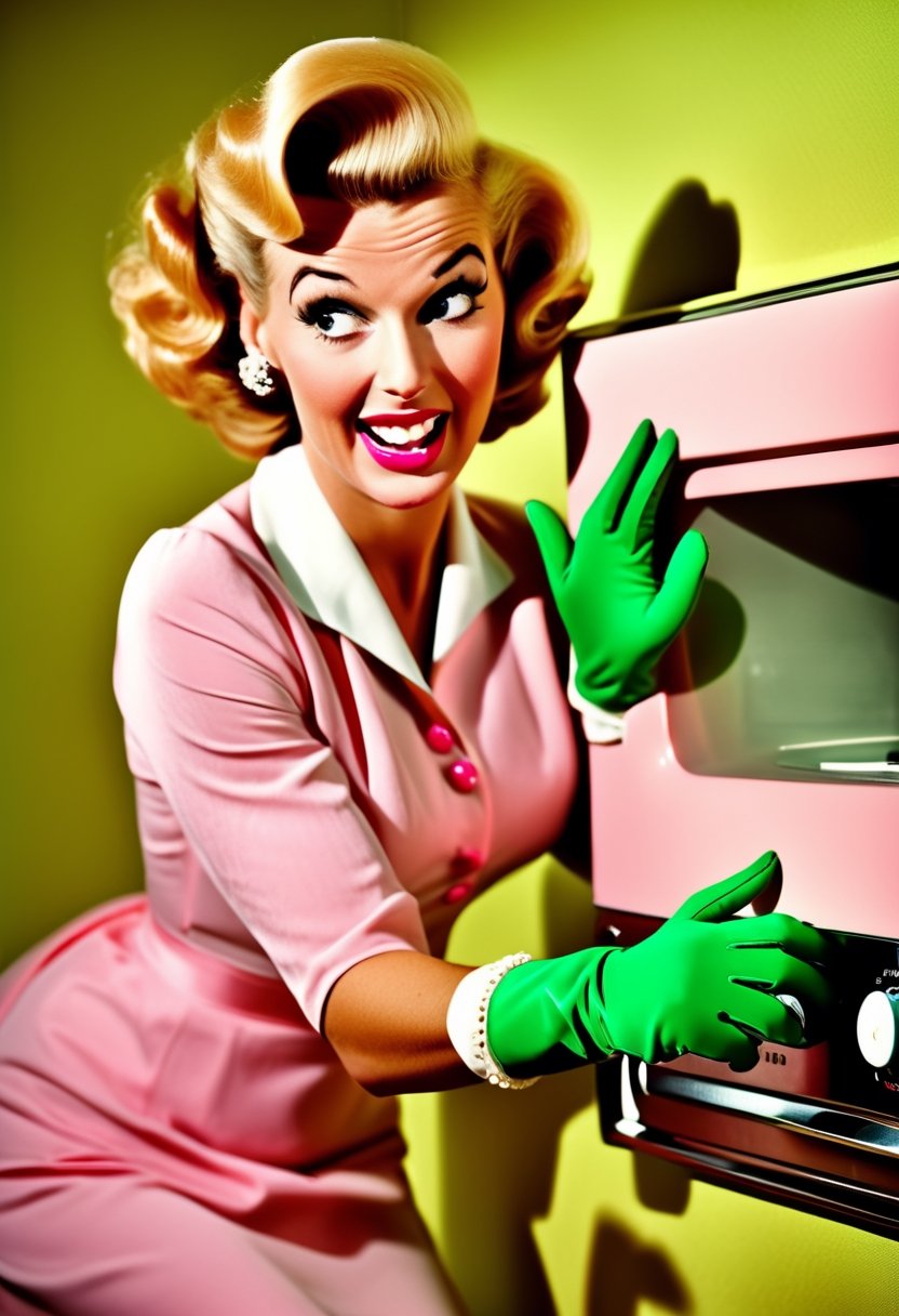 Photo shoot of a blonde housewife,  wearing pink gloves,  green dresses by NowhereManGo on Tensor.Art