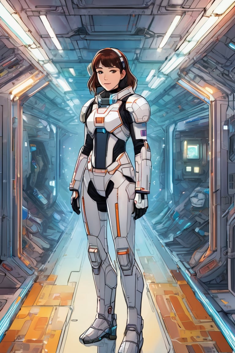 (wide shot:1.2) of a short 18 years old girl with freckles, dimples, and straight brunette hair hazel eyes. Wearing Sci-fi formfitting spacesuit, standing in a corridor of a futuristic space station, backlit, (water color:0.5), anime artwork, anime style, key visual, vibrant, highly detailed, expressive
