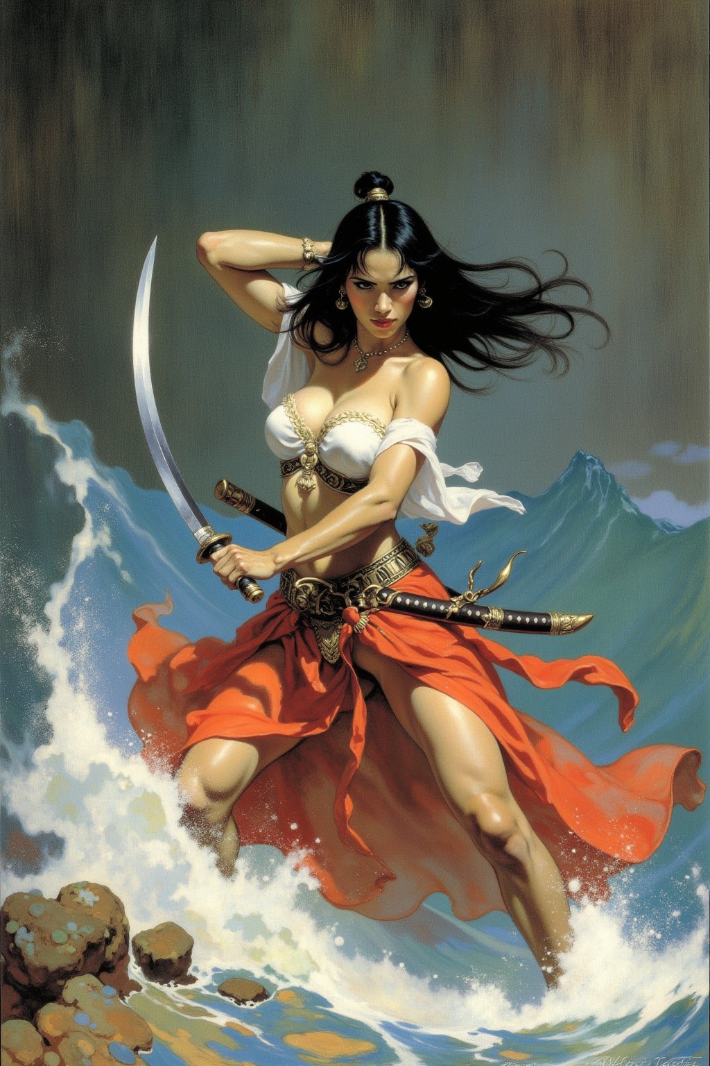 Frank Frazetta fantasy oil painting of Samurai Princess wielding a broad katana under a waterall