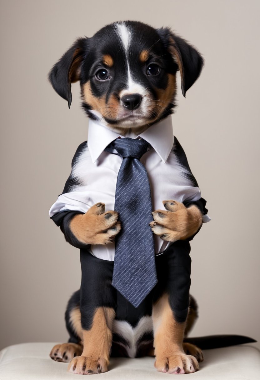 A puppy,  its paws on neck,  adjusting tie by NowhereManGo on Tensor.Art
