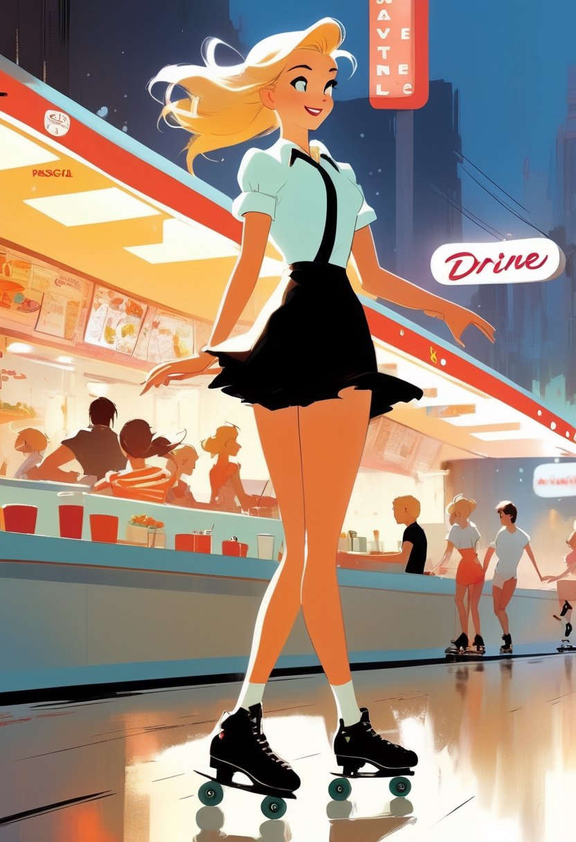 Anime Artwork,  Blonde Waitress,  roller skating by NowhereManGo on Tensor.Art