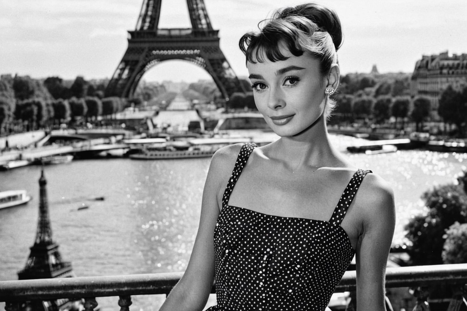 B & W Photo of a young 20yo Audrey Hepburn in a polkadot summer dress in Paris, Eiffel Tower in the background, Canon 5d Mark 4, Kodak Ektar