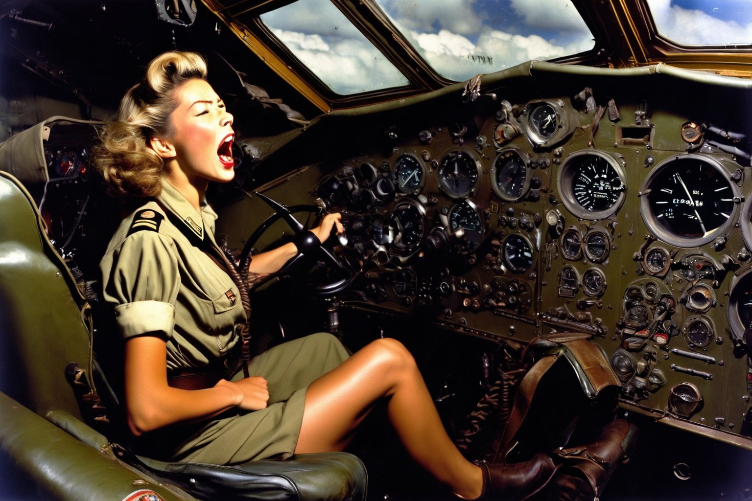 Photo,  Female pilot,  screaming,  inside cockpit,  ww2,  canon 5d mark 4, Kodak ektar, style by Masamune Shirow, style by J.C. Leyendecker