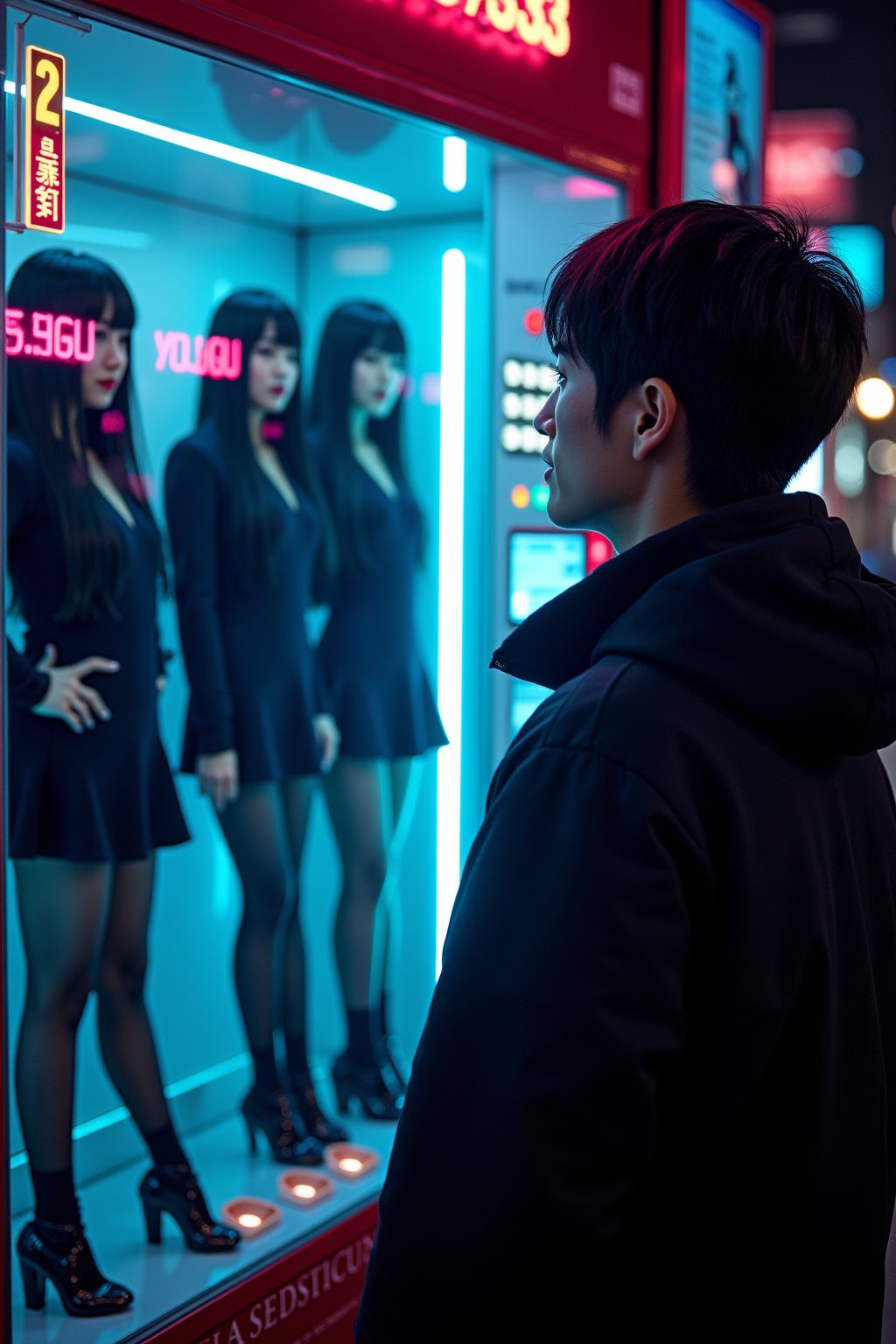 Photo of a man looking at a futuristic, high-tech vending machine in a neon-lit city, selling Japanese women as companions. All these women have long black hair, wearing a black little dress standing inside one of the vending machine's display compartments, staring. The machine features glowing buttons, digital price tags, and a holographic interface. Bright neon lights reflect off the glass, creating a provocative, dystopian atmosphere. High contrast, cinematic lighting, cyberpunk aesthetics, close-up view, vibrant neon colors.
