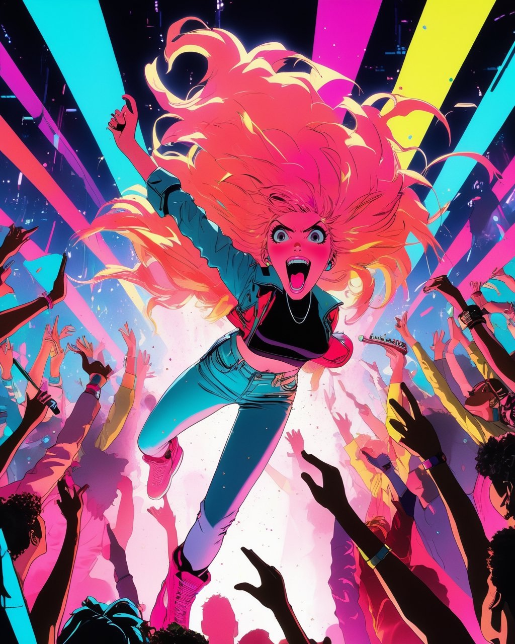 Photograph from below,  taken from the crowd,  full body shot of Jem and the Holograms by NowhereManGo on Tensor.Art