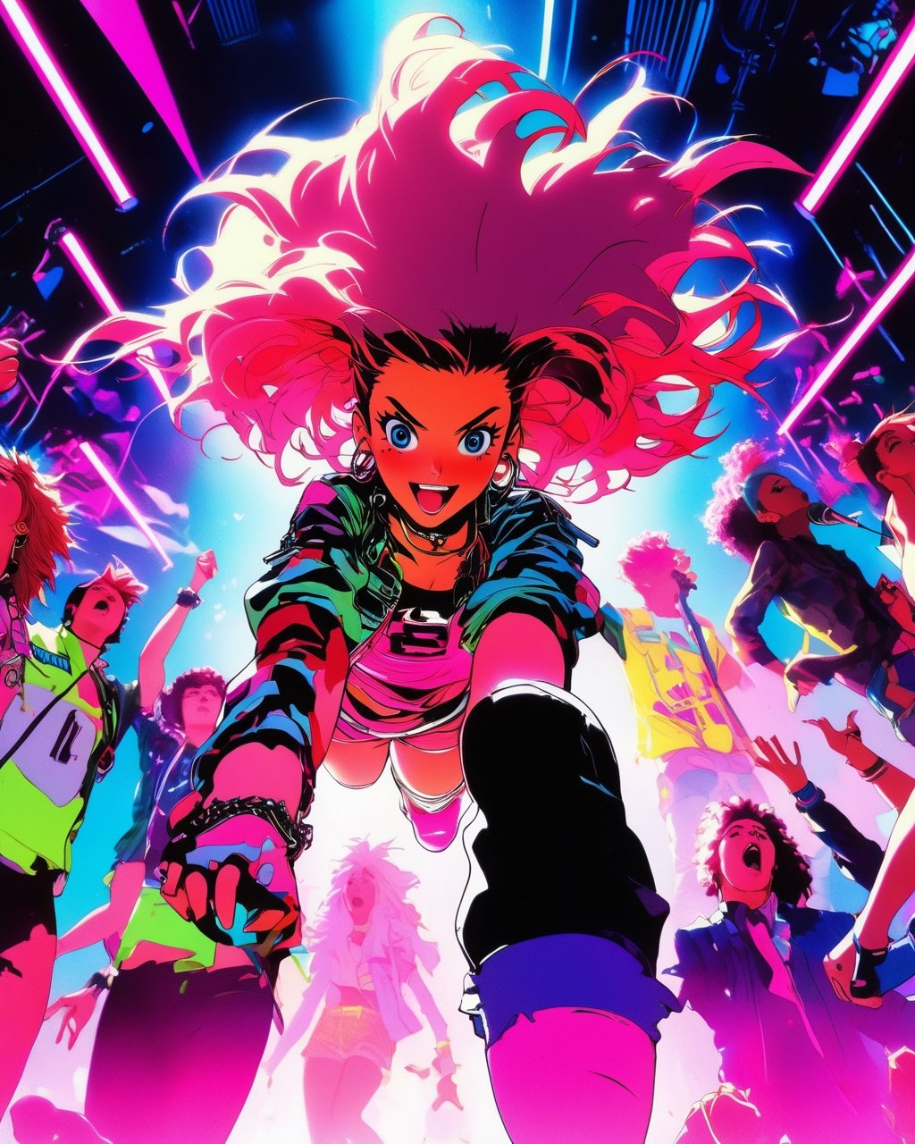 Photograph from below,  taken from the crowd,  full body shot of Jem and the Holograms by NowhereManGo on Tensor.Art