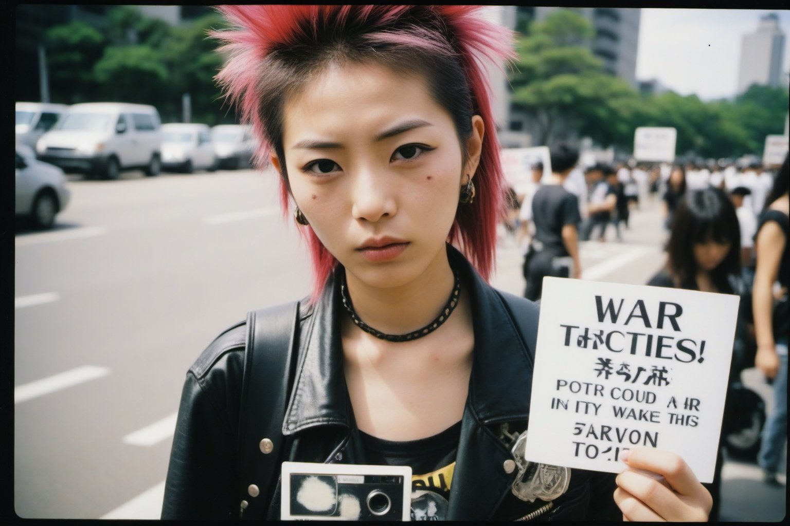 Polaroid of a 20yo Japanese woman dressed in punk clothing and is protesting war,  noon,  natural lighting. action shot by...