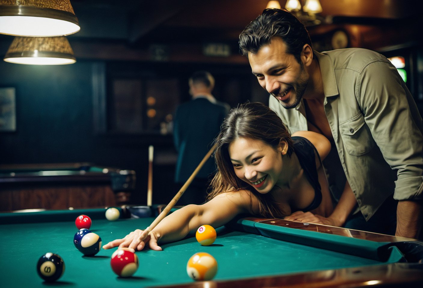 Closeup of a happy couple shooting pool at a local bar. Canon 5d Mark 4, Kodak Ektar, 35mm. Fine art photography, iconic, dynamic angle, dynamic pose, macro, photograph, sharp, focussed, Lomography Color 100, F/14, World-renowned, (designed by Olivier Valsecchi:1.2), beautiful detailed supreme quality color intricate, extremely stylish, deep aesthetic, sharp focus, magnificent, dynamic dramatic composition