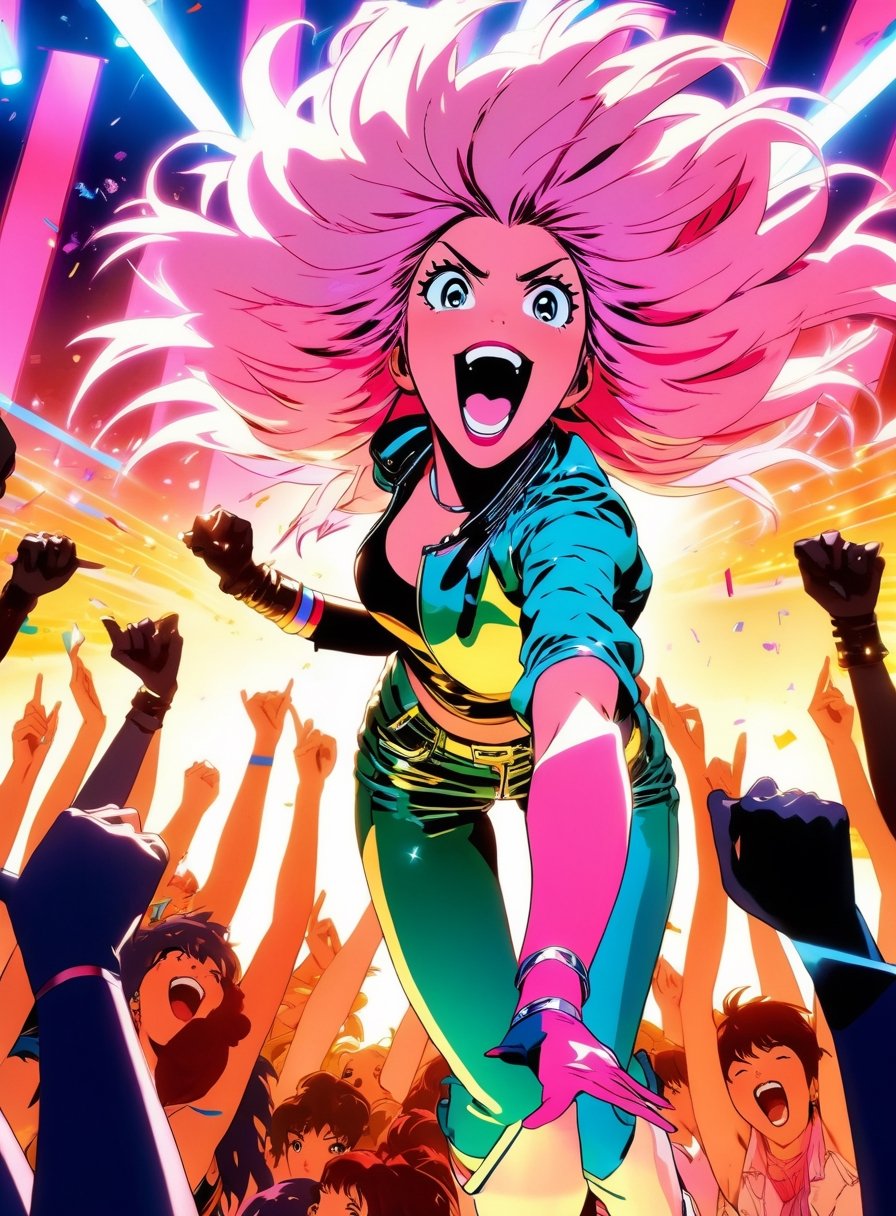 Anime artwork. photo shot from ground of Jem and the Holograms,  spandex,  leather by NowhereManGo on Tensor.Art