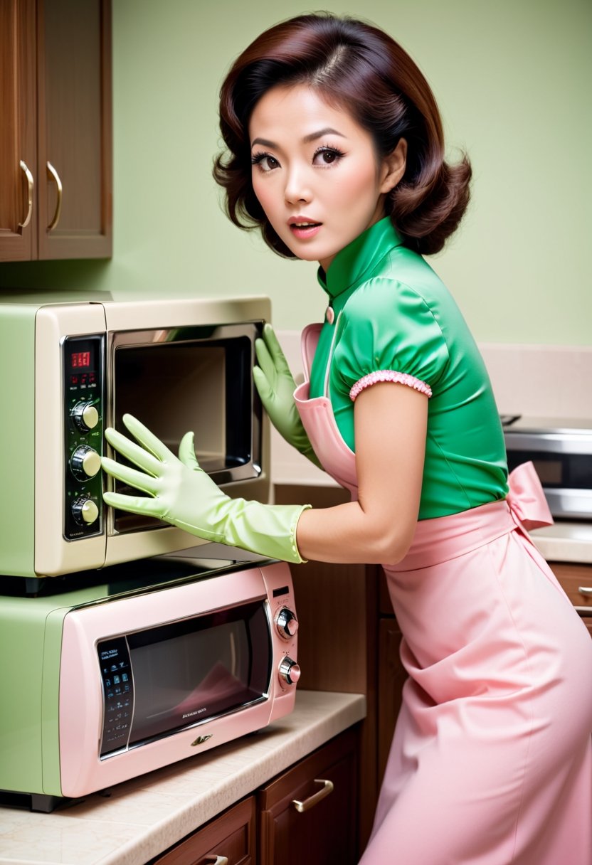 Photo shoot of a Japanese housewife,  wearing pink gloves,  green dresses by NowhereManGo on Tensor.Art
