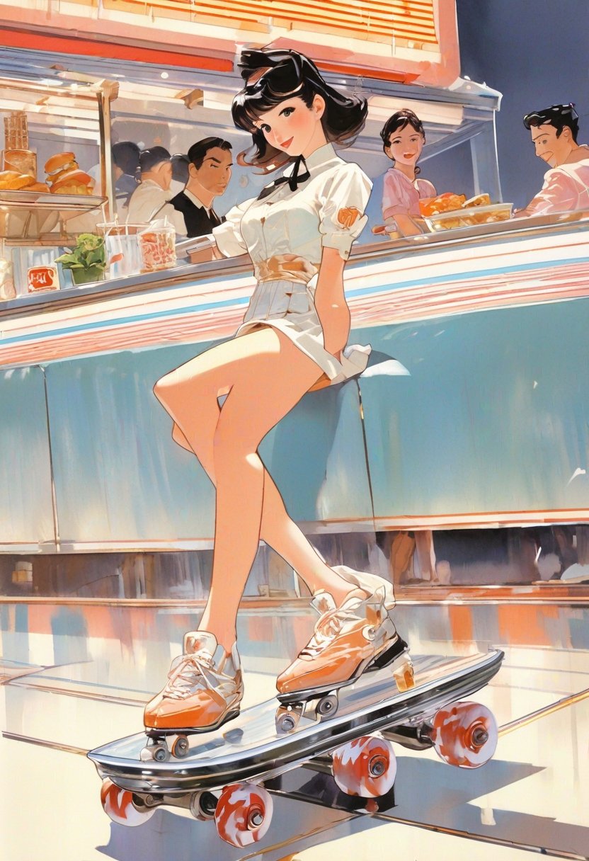 Anime Artwork,  Asian Waitress,  roller skating by NowhereManGo on Tensor.Art