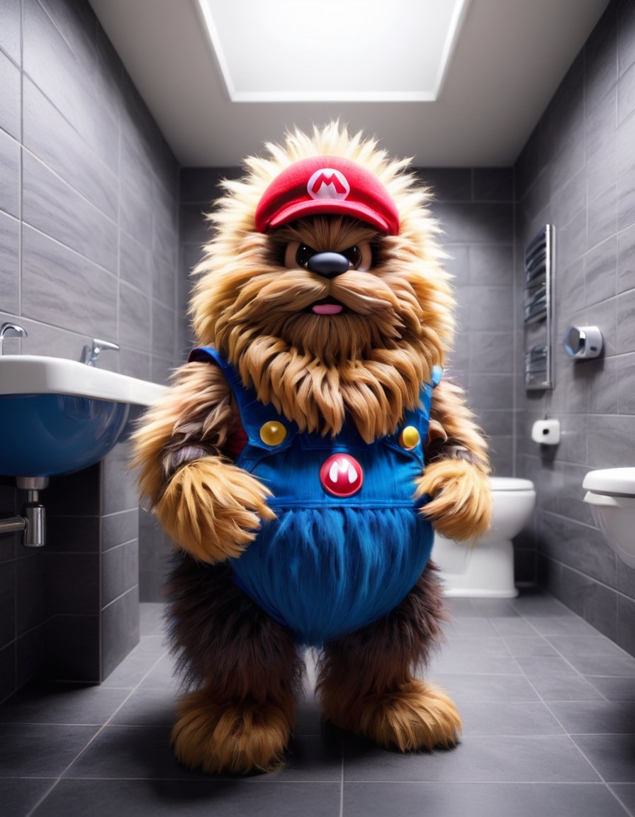 Furry Chewbacca dressed as Super mario,  working as a plumber in the bathroom by NowhereManGo on Tensor.Art