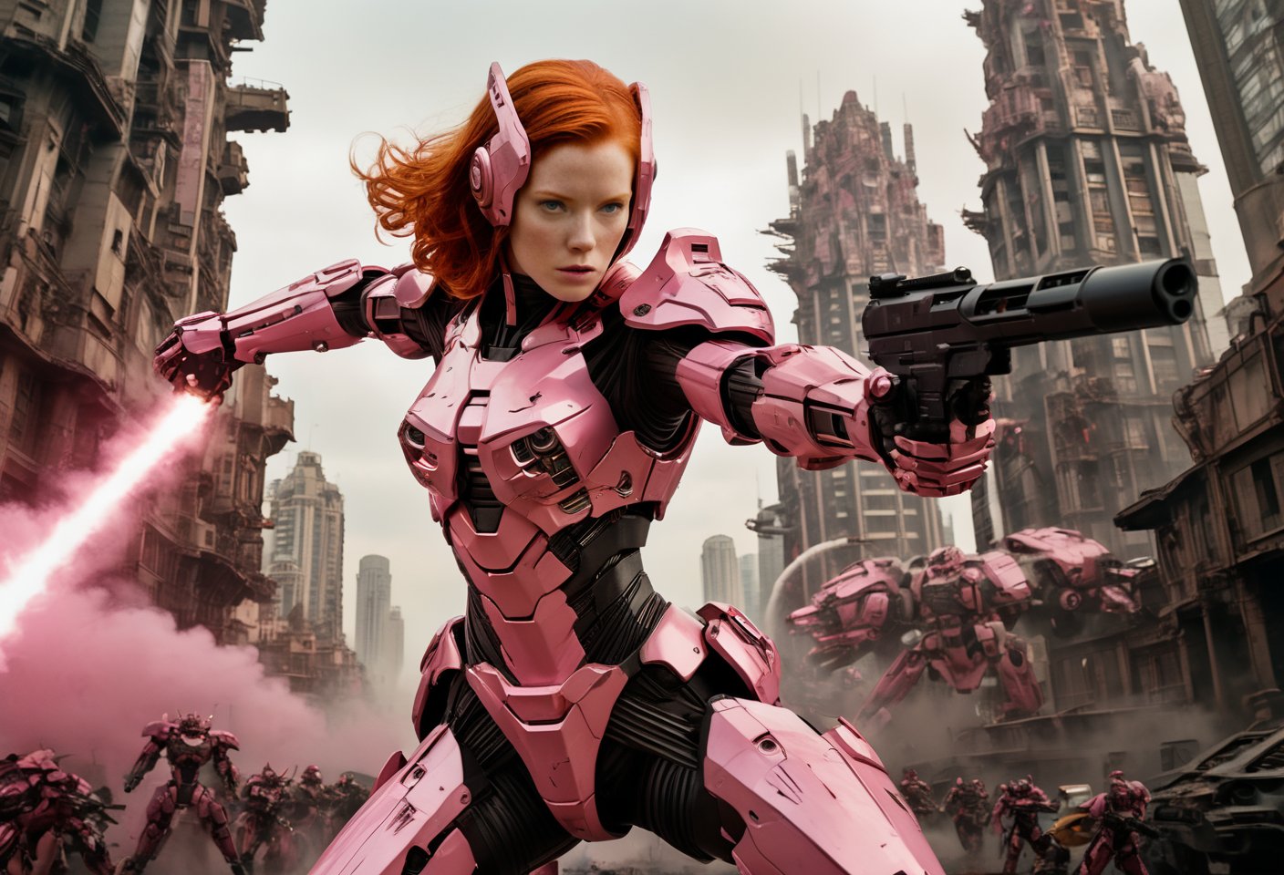  A cinematic film still of a redhead in a pink-powered armor suit, shooting at giant black mecha. The heroine's armor is adorned with intricate designs and a retractable shroud, revealing her determination and strength. The background is a dystopian cityscape, with buildings crumbling and people caught in the crossfire. Style by J.C. Leyendecker. Canon 5d Mark 4, Kodak Ektar, 35mm 