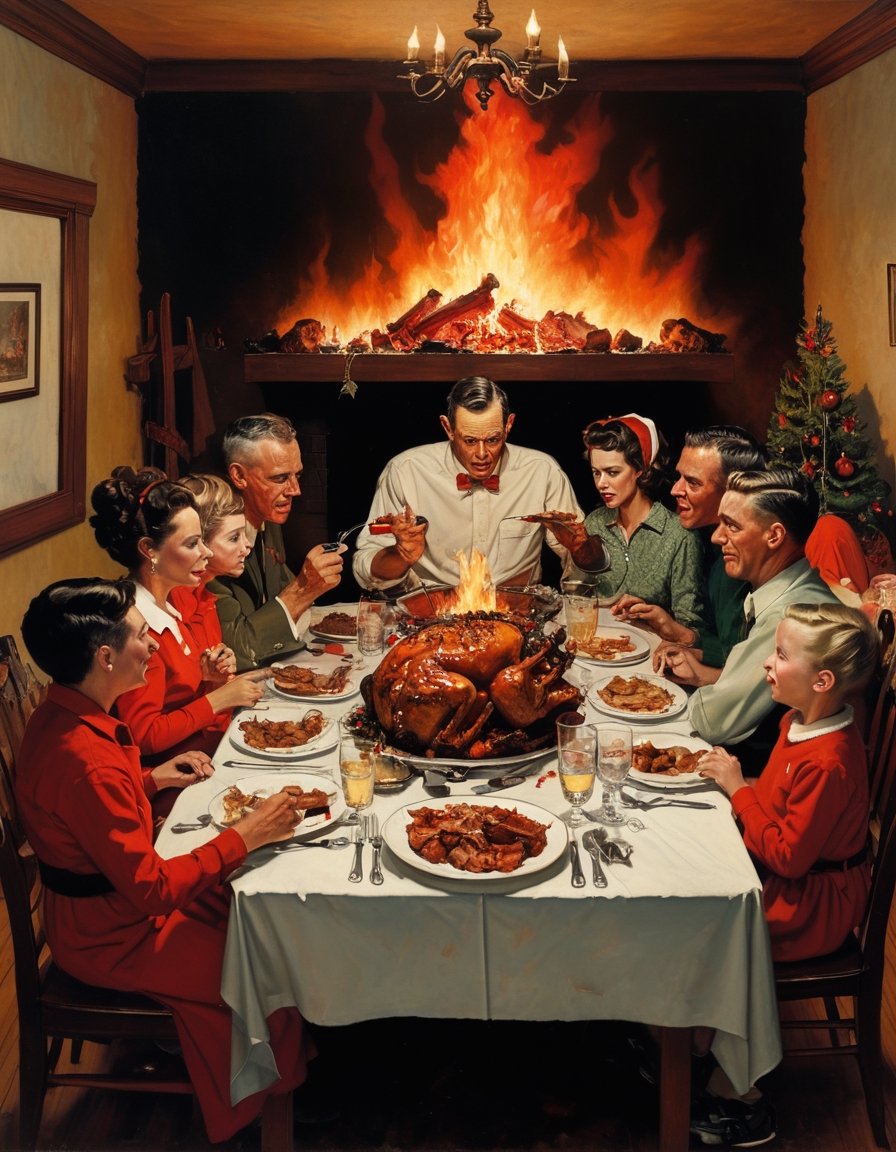 Oil painting of a 60's family having christmas dinner in hell,  surrounded by fire and demos,  art by Norman Rockwell. by...