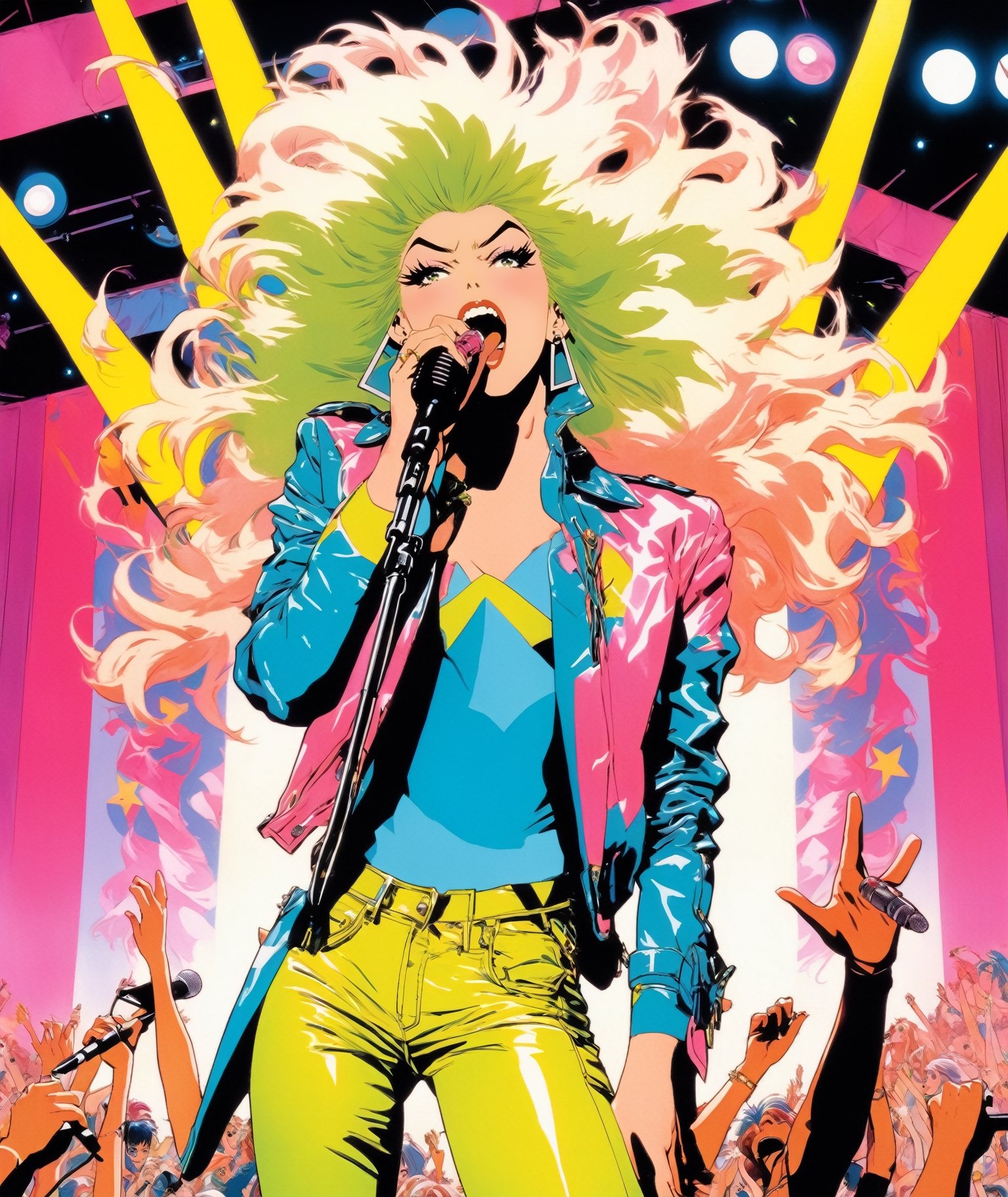Anime artwork. Full body photo of Jem and the Holograms,  performing on high on stage,  shot from below. Jem holds Mic on...