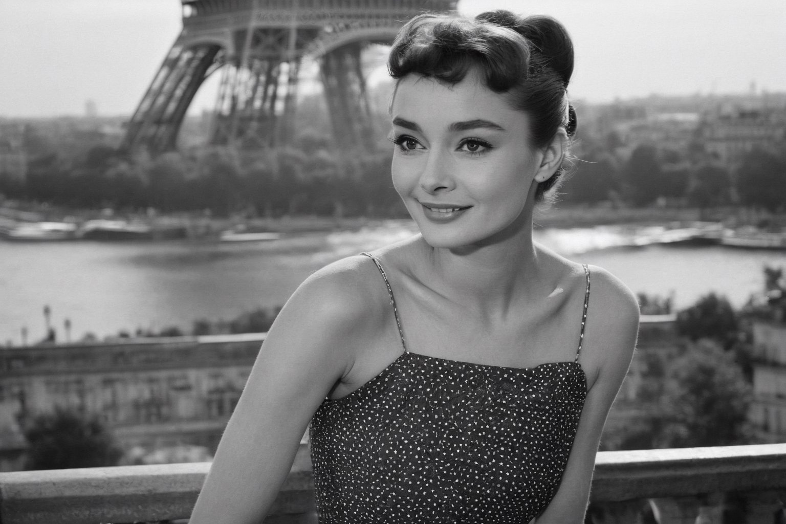 B & W Photo of a young 20yo Audrey Hepburn in a polkadot summer dress in Paris, Eiffel Tower in the background, Canon 5d Mark 4, Kodak Ektar