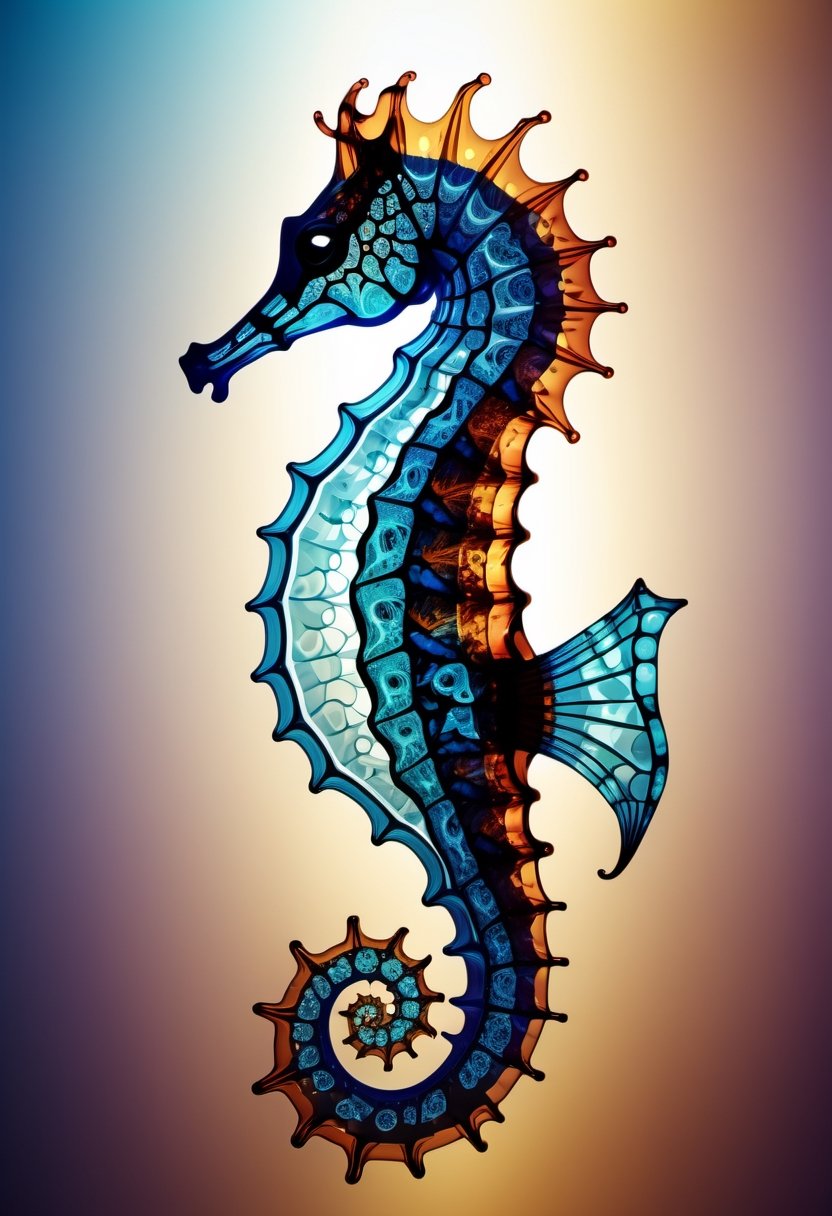 cinematic photo thin,  fine fractal glossy vivid colored ink sketch shiny contours outlines of a seahorse silhouette . 35m...