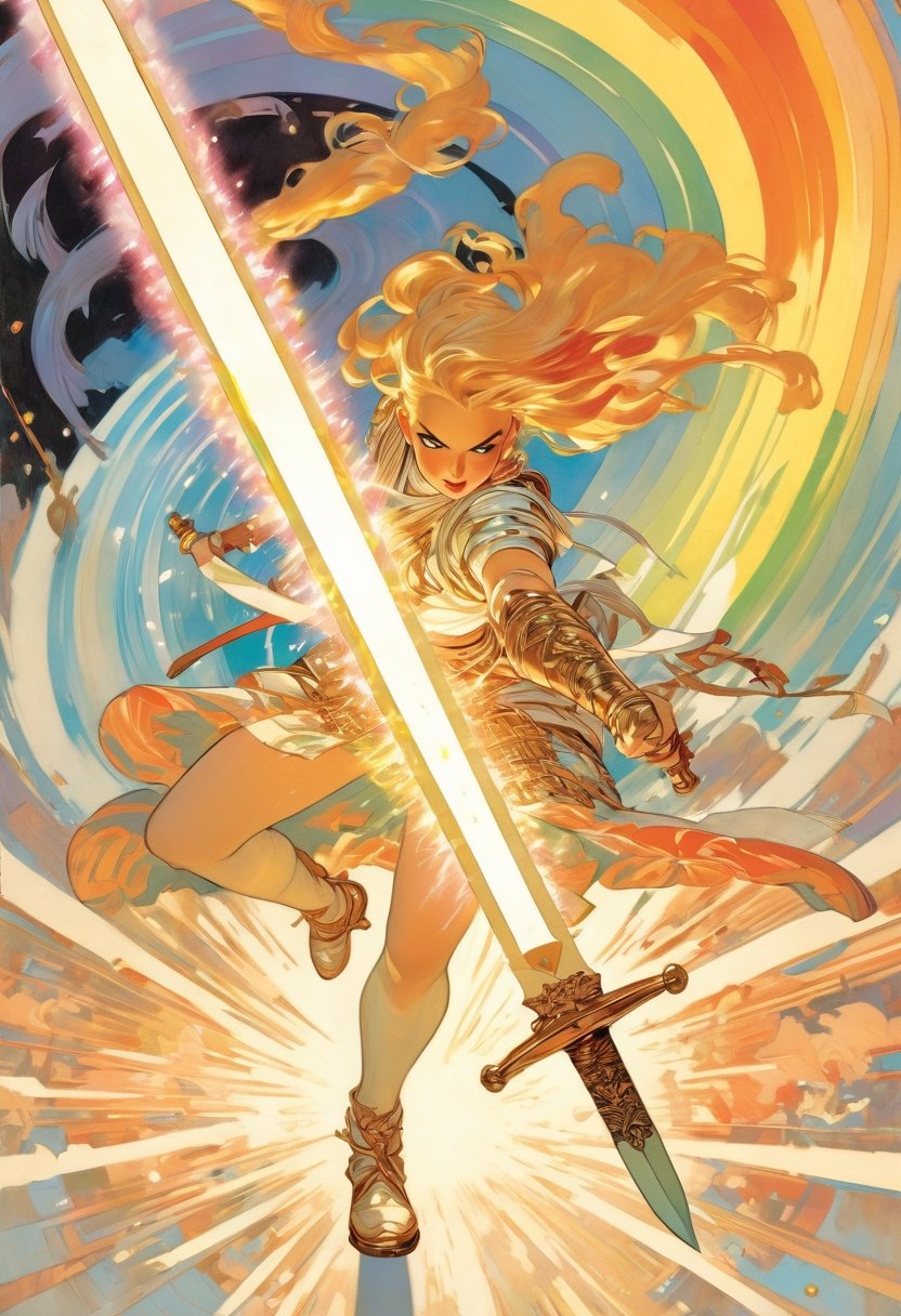 Anime artwork. Girl pull a giant sword from the ground, rainbow-colored energy swirling around her, art by J.C. Leyendecker