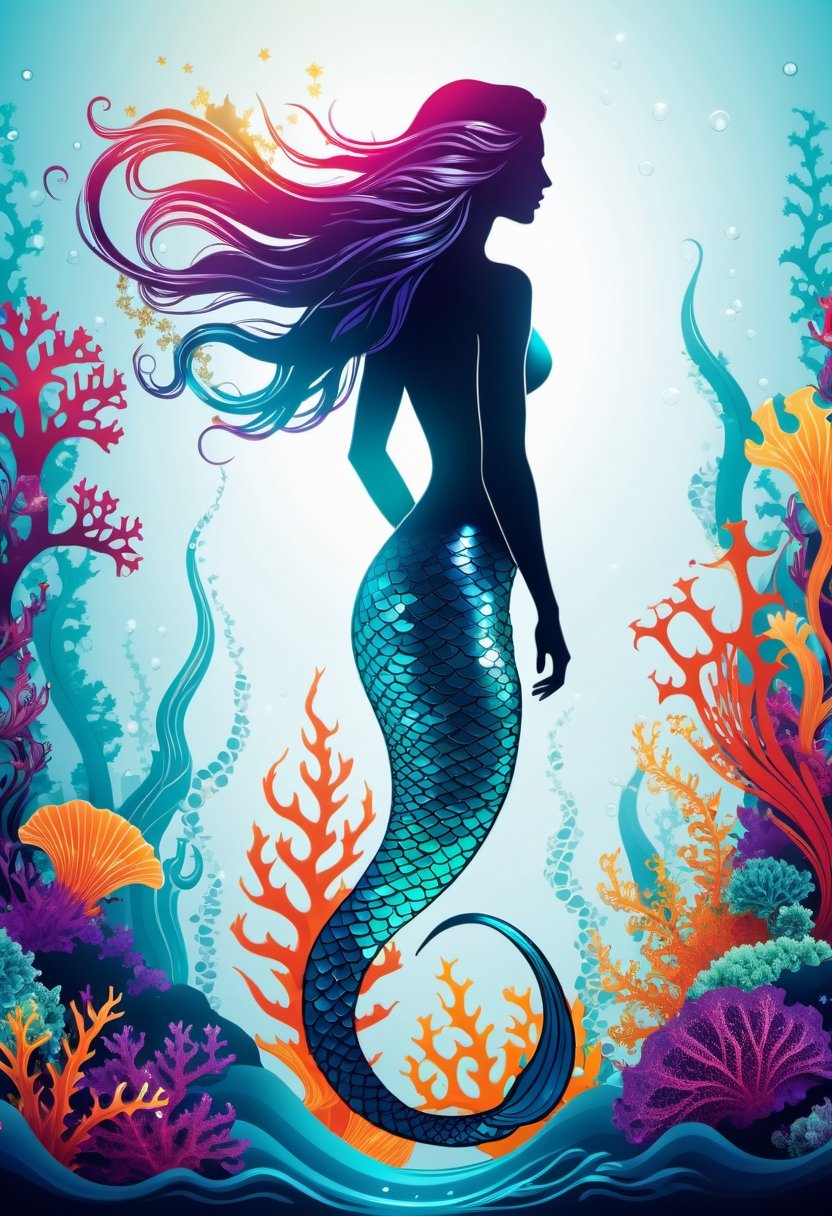 cinematic photo thin,  fine fractal glossy vivid colored ink sketch shiny contours outlines of a mermaid silhouette . 35mm...