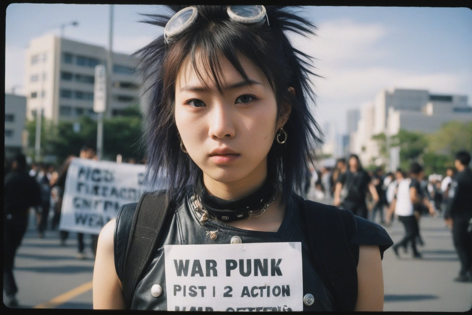 Polaroid of a 20yo Japanese woman dressed in punk clothing and is protesting war,  noon,  natural lighting. action shot by...