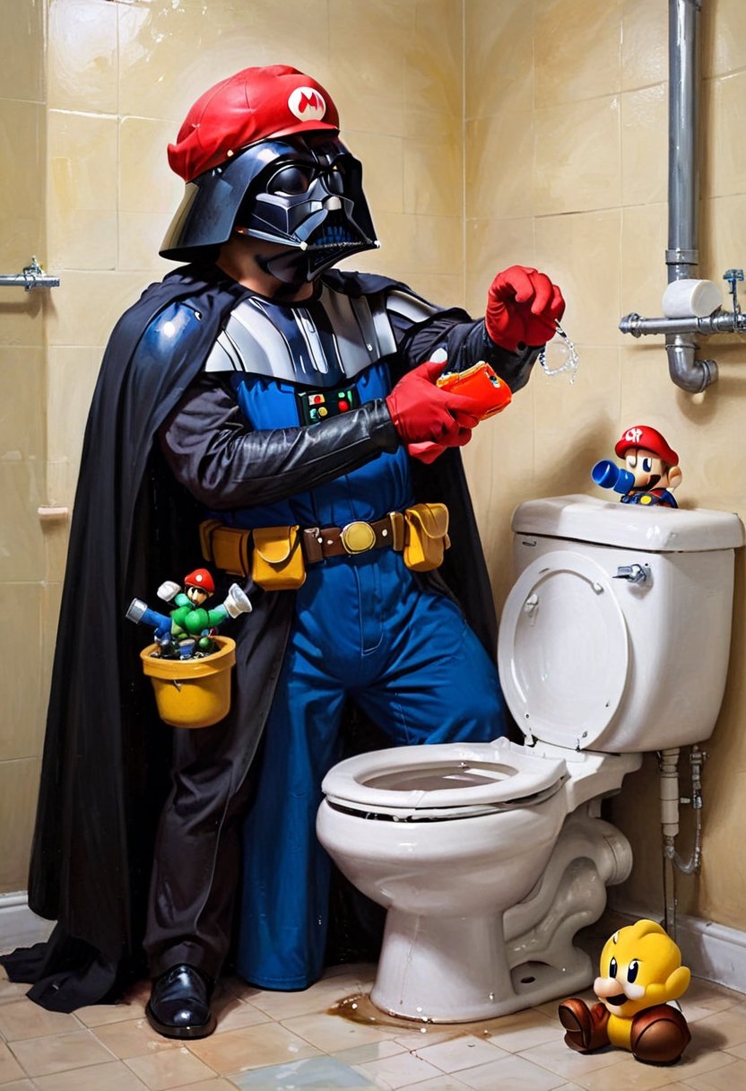Oil painting of Darth Vader dressed as Super mario,  working as a plumber in the bathroom by NowhereManGo on Tensor.Art