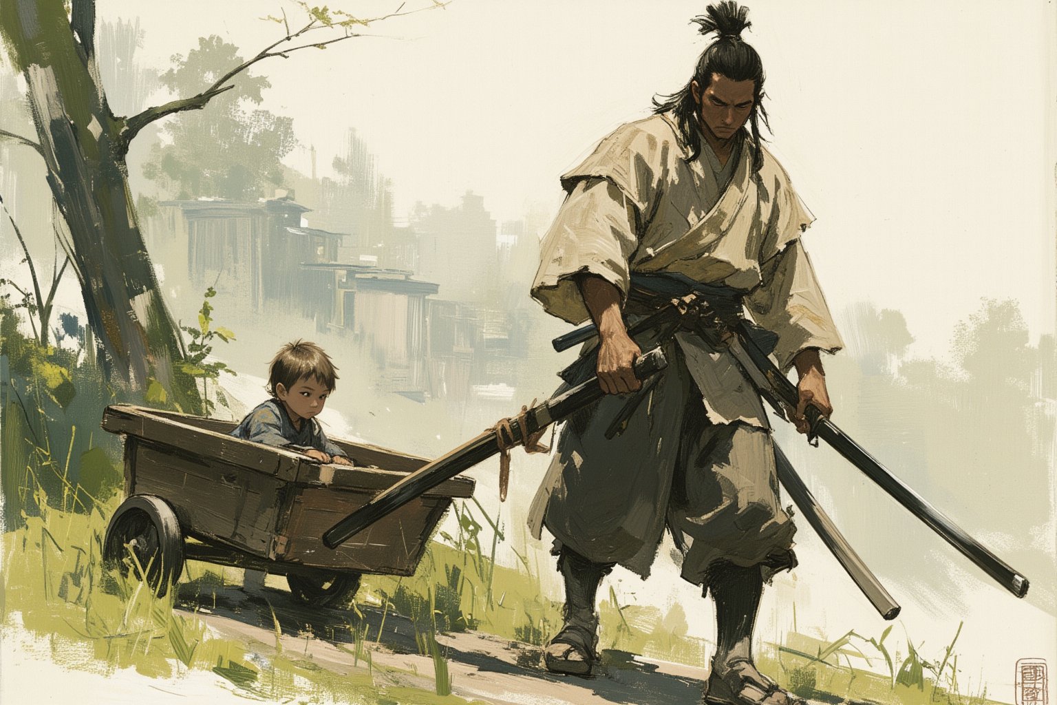 sketch painting. A stoic samurai dressed in traditional tattered kimono pushes a wooden cart through a serene yet dangerous landscape. Inside the cart sits a small child, quietly observing the world with wide eyes, drawing clear inspiration from "Lone Wolf and Cub." The samurai's hand grips the handle of the cart firmly, while his other hand rests on the hilt of his katana, ready for any threat. The background is a misty forest or ancient village, with hints of danger lurking in the shadows. The scene exudes a sense of duty, protection, and the quiet intensity of a warrior's journey.