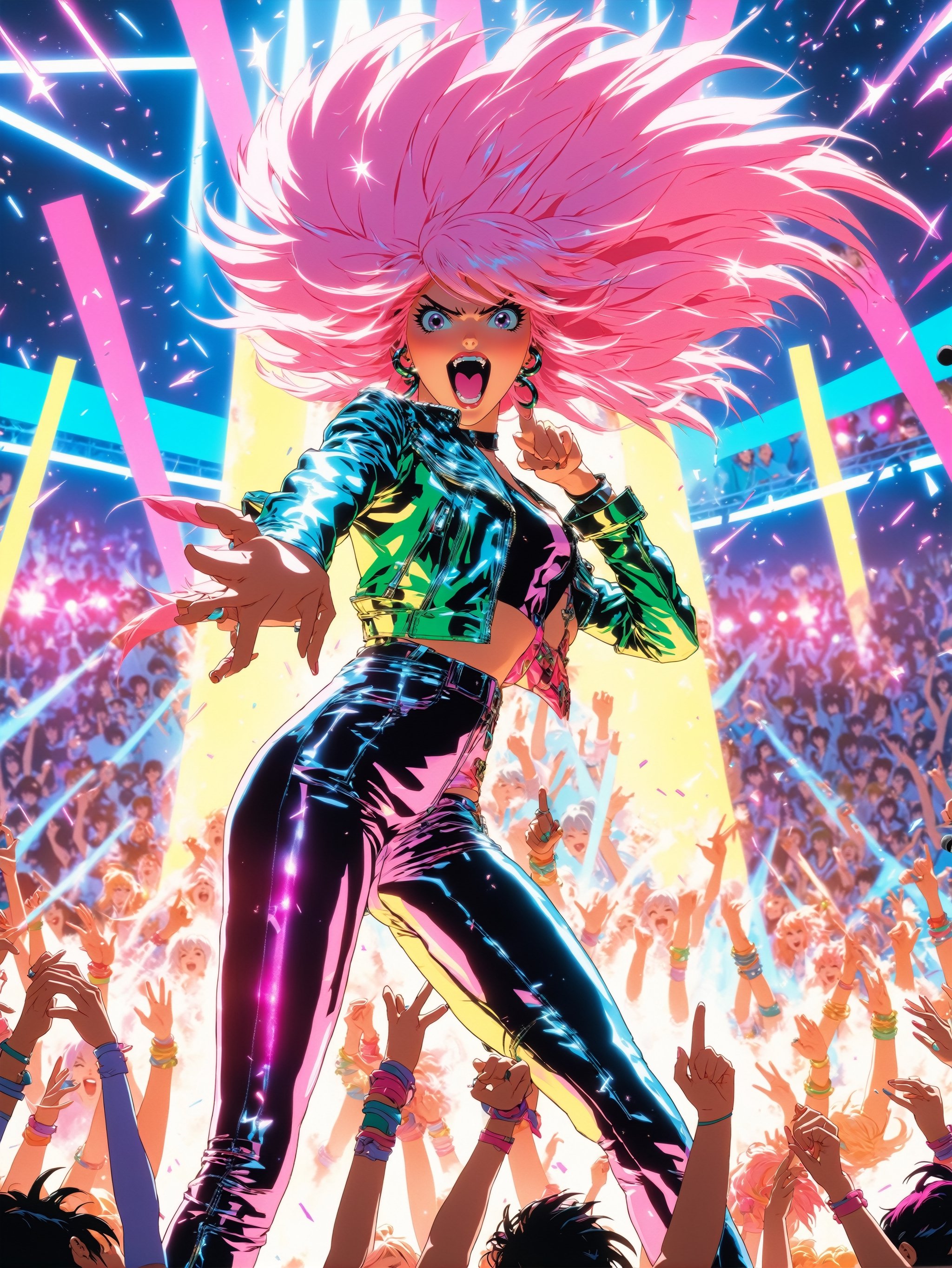 Anime artwork. photo shot from ground of Jem and the Holograms,  spandex,  leather by NowhereManGo on Tensor.Art