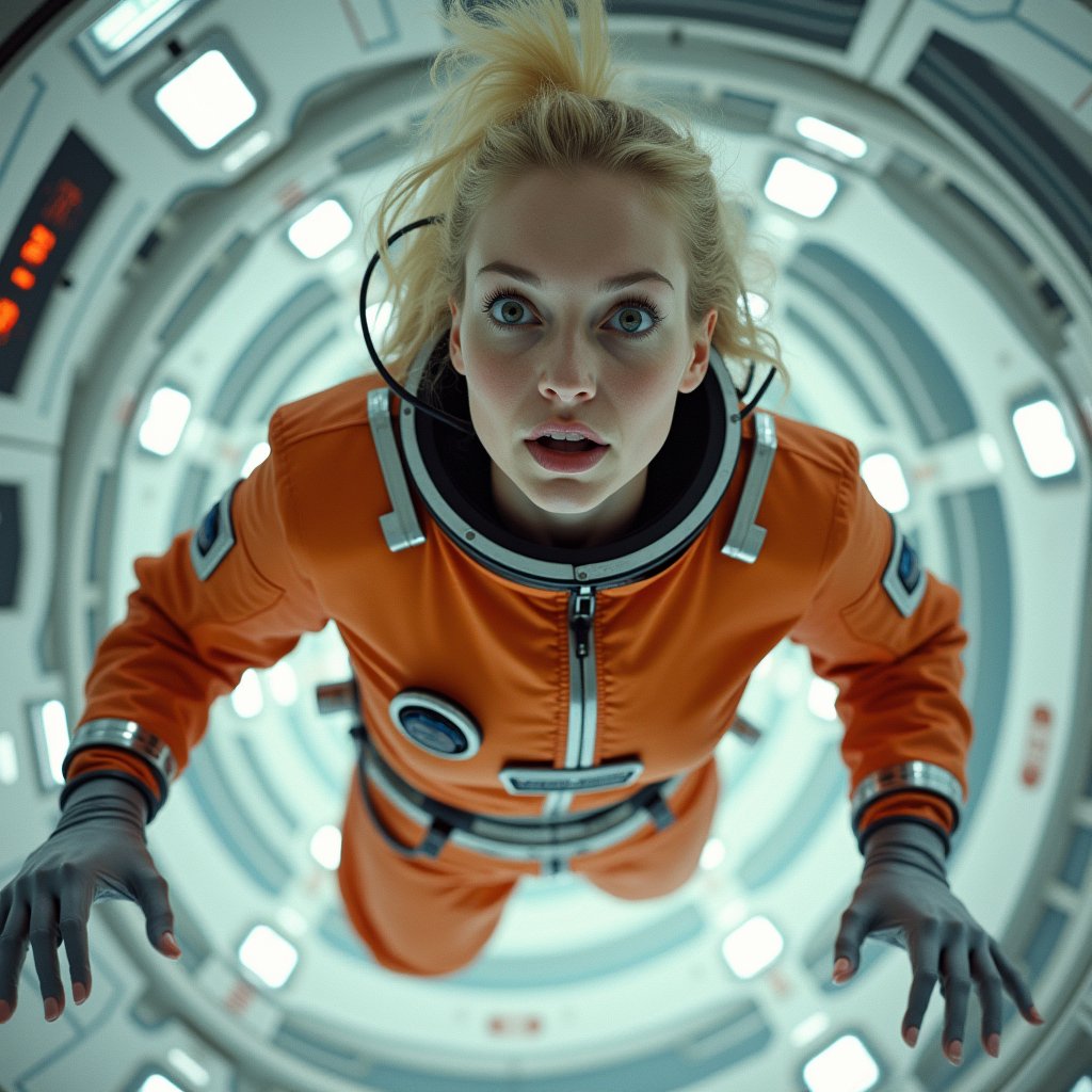 A blonde woman, dressed in a vibrant orange spacesuit, is carefully re-enacting the iconic scene from 2001: A Space Odyssey where David Bowman deactivates HAL 9000. Floating weightless Inside a sleek, futuristic spacecraft, she methodically removes the components of the HAL 9000 interface, one piece at a time. The setting is tense and sterile, with bright lighting reflecting off the white sterile surfaces, capturing the eerie, unsettling atmosphere of the original scene. The red glow of HAL's eye slowly fades as the scene unfolds, highlighting the dramatic tension between human and machine.