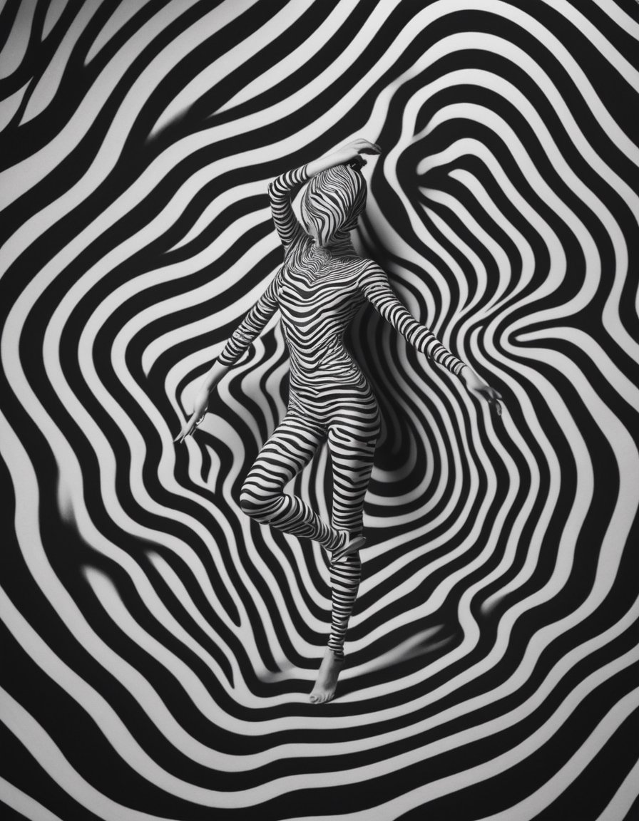 B & W optical illusion of a dancer embedded within a pattern of thick zebra lines by NowhereManGo on Tensor.Art
