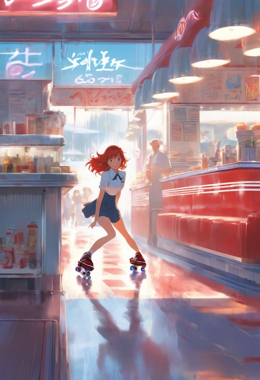 Anime Artwork,  Waitress,  red head by NowhereManGo on Tensor.Art