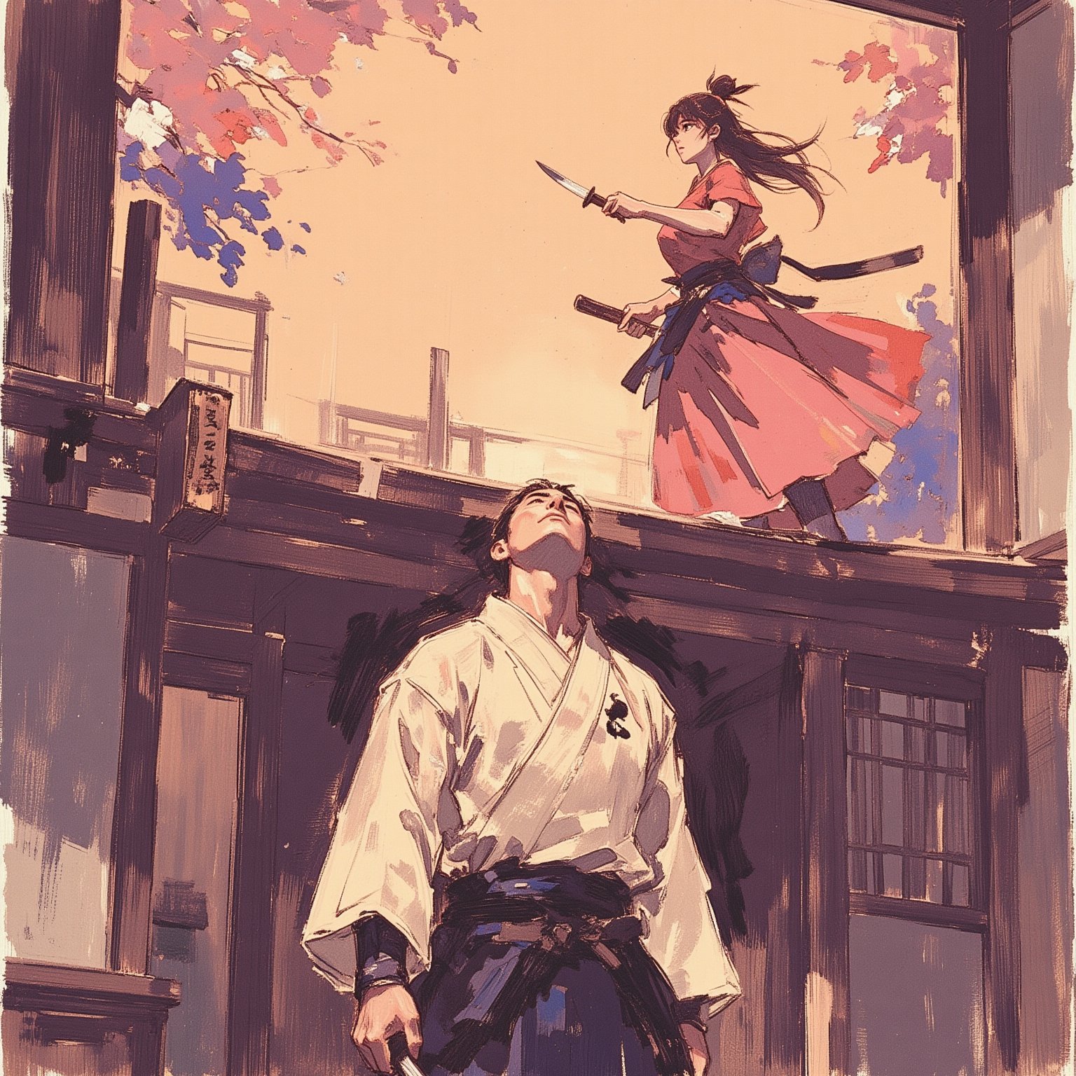 sketch painting. A shot from the ground up. A Samurai lifting his head upward. Above him, a female ninja is attacking. She holds a short dagger, The scene is illuminated by the soft glow of the setting sun