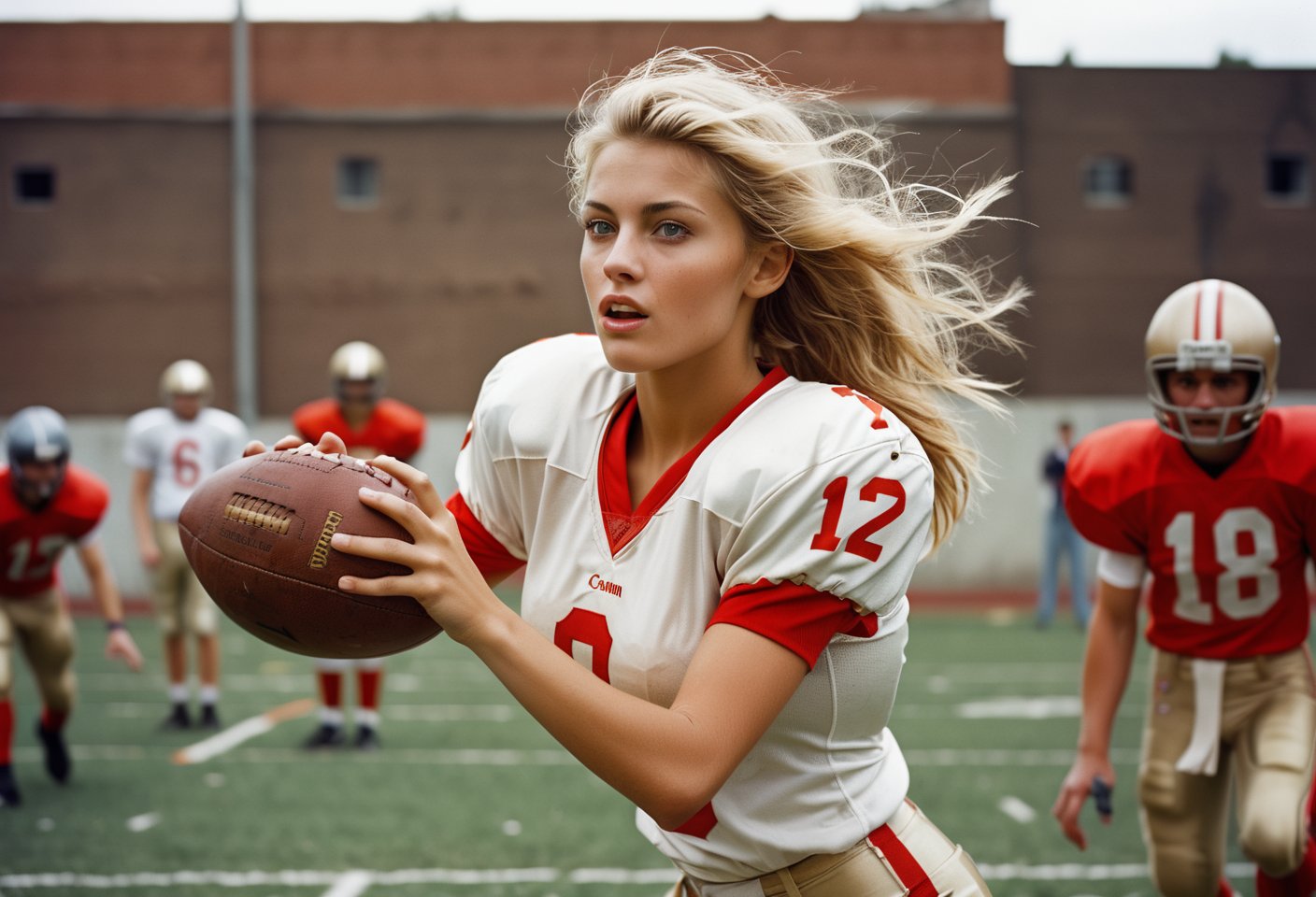 Photo, Closeup blonde female quarterback throwing a football, midrift. Canon 5d mark 4, Kodak ektar, style by J.C. Leyendecker