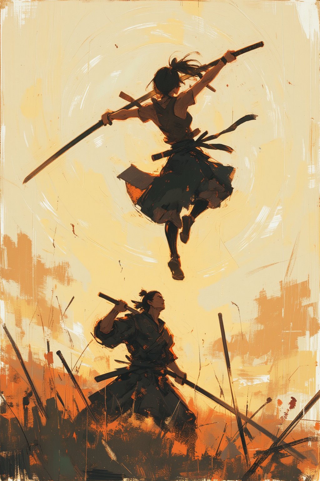 sketch painting. Anime artwork. A shot from the ground up. A Samurai lifting his head upward. Above him, a female ninja is attacking. She holds a long katana, The scene is illuminated by the soft glow of the setting sun