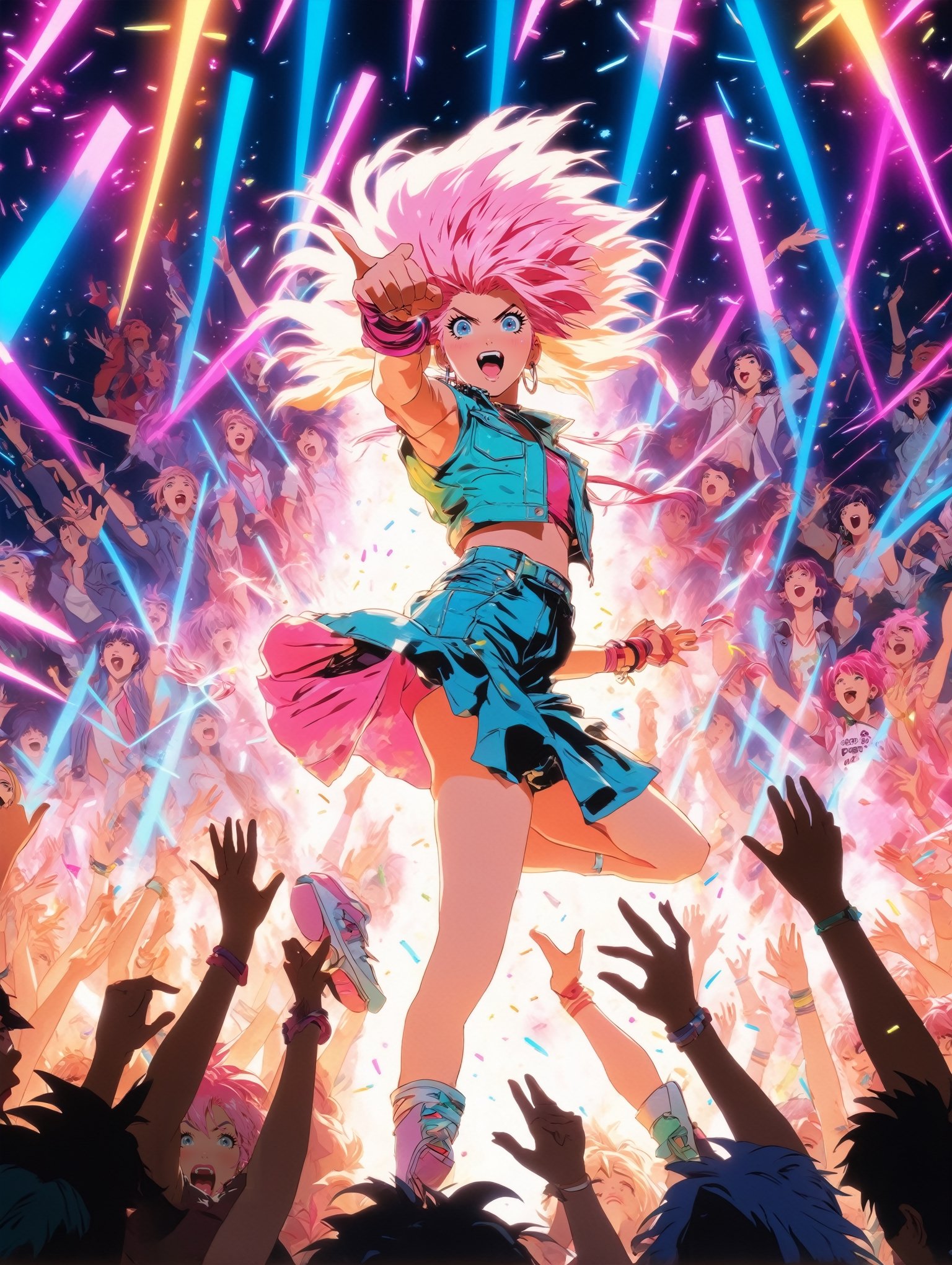 Anime artwork. photo shot from ground of Jem and the Holograms,  Mic on her hand. The stage is surrounded by wild,  excite...